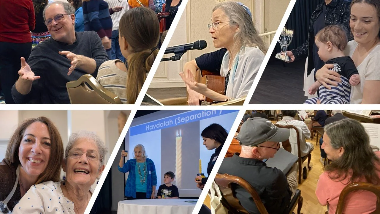 A photo montage showing families and children celebrating Shabbat and Jewish holidays at Kol Shira in Austin.