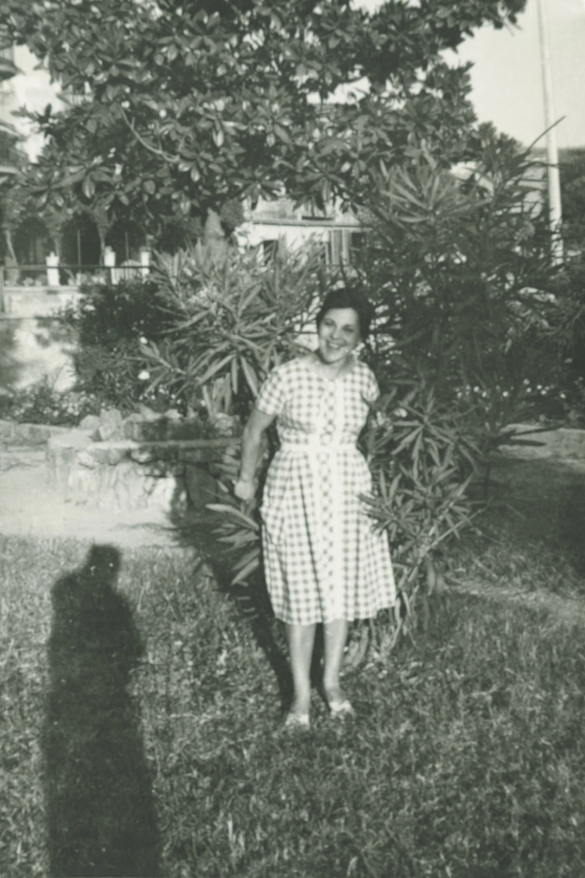 Foto in bianco e nero di una donna sorridente in piedi su un prato, dietro una grande pianta con foglie lunghe, con edifici e alberi sullo sfondo.