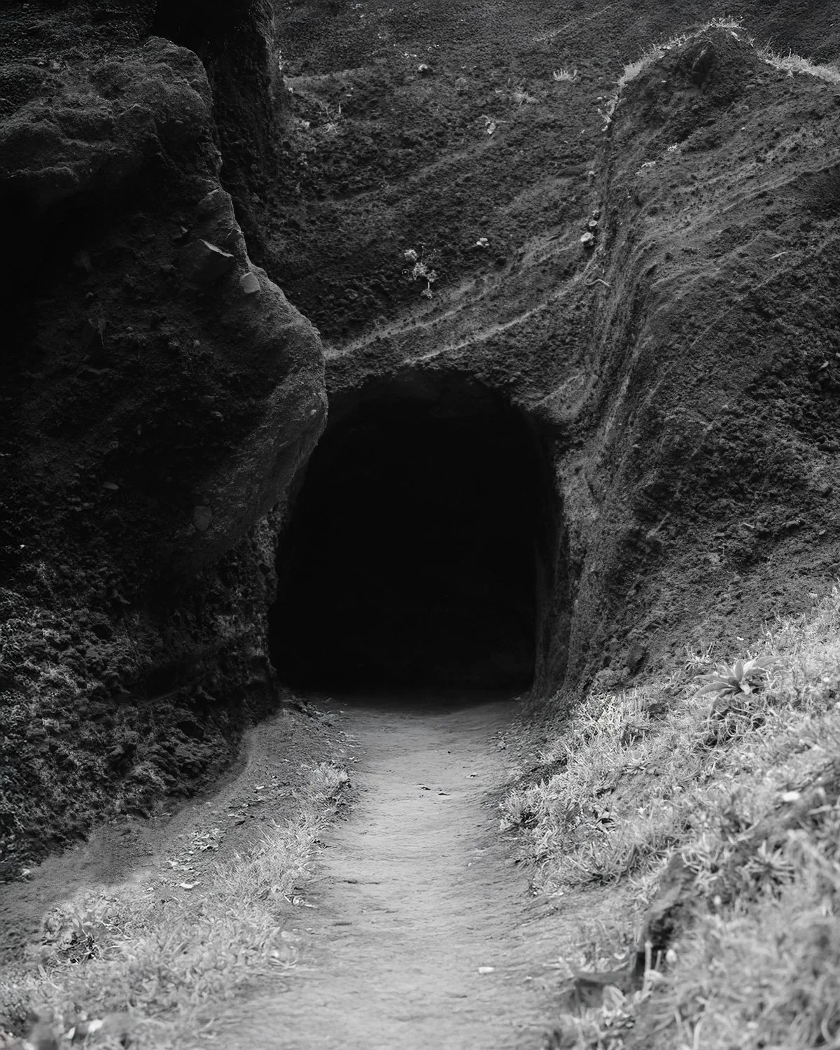 Sentiero che conduce a una grotta scavata nella roccia, in bianco e nero.