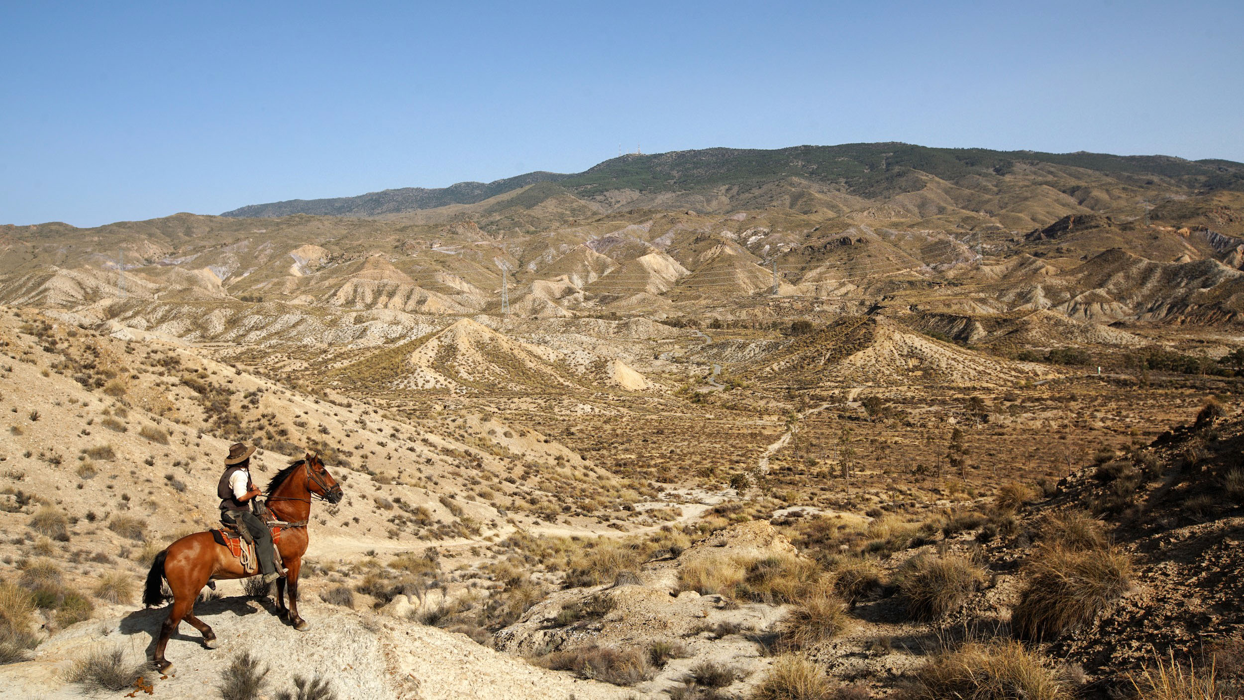 A person riding a horse in a desert landscape with rolling hills and sparse vegetation under a clear blue sky.