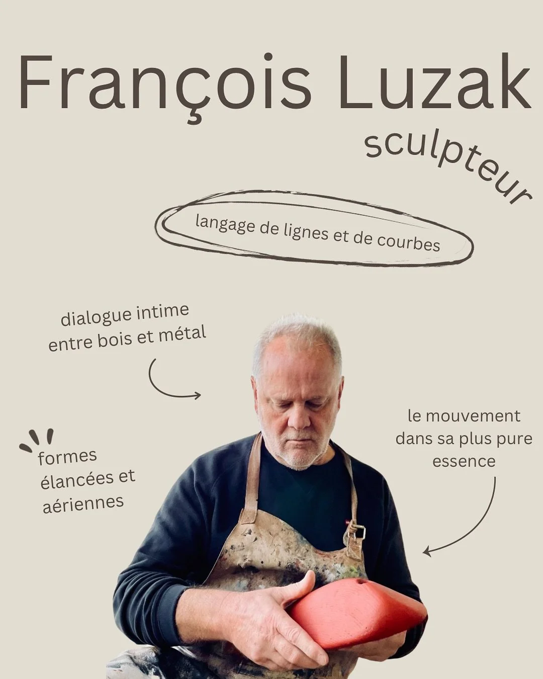 Fran&ccedil;ois Luzak explore le dialogue entre le bois et le m&eacute;tal &agrave; travers des &oelig;uvres suspendues, entre tension et l&eacute;g&egrave;ret&eacute;.
Il capte le mouvement dans sa plus pure expression: un souffle, une oscillation, 