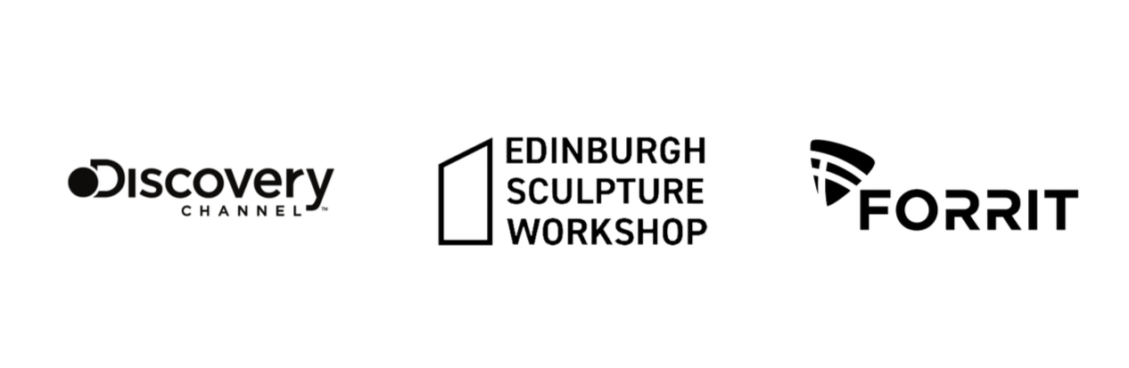 Black logos for Discovery Channel, Edinburgh Sculpture Workshop, and Forrit  on a white background.