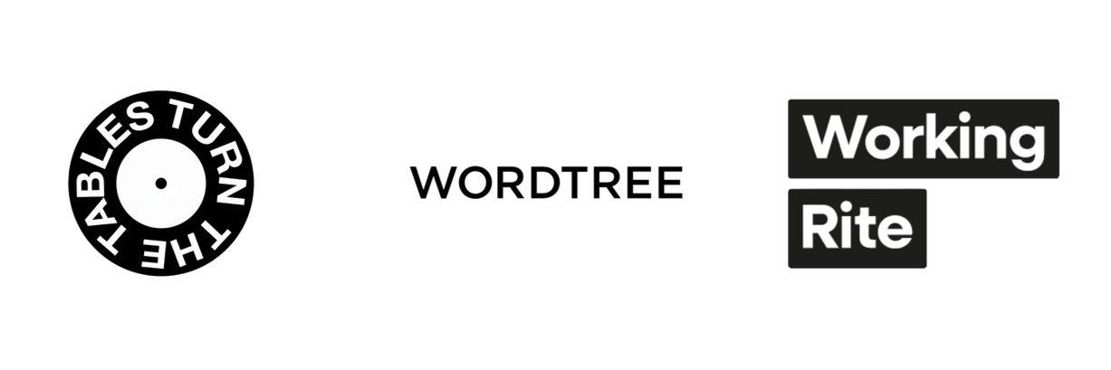 Black logos for Turn The Tables, Wordtree and Working Rite on a white background.