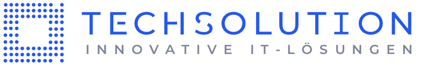 Logo mit dem Text 'TECHSOLUTON' in Blau und 'INNOVATIVE IT-LÖSUNGEN' in Grau darunter.