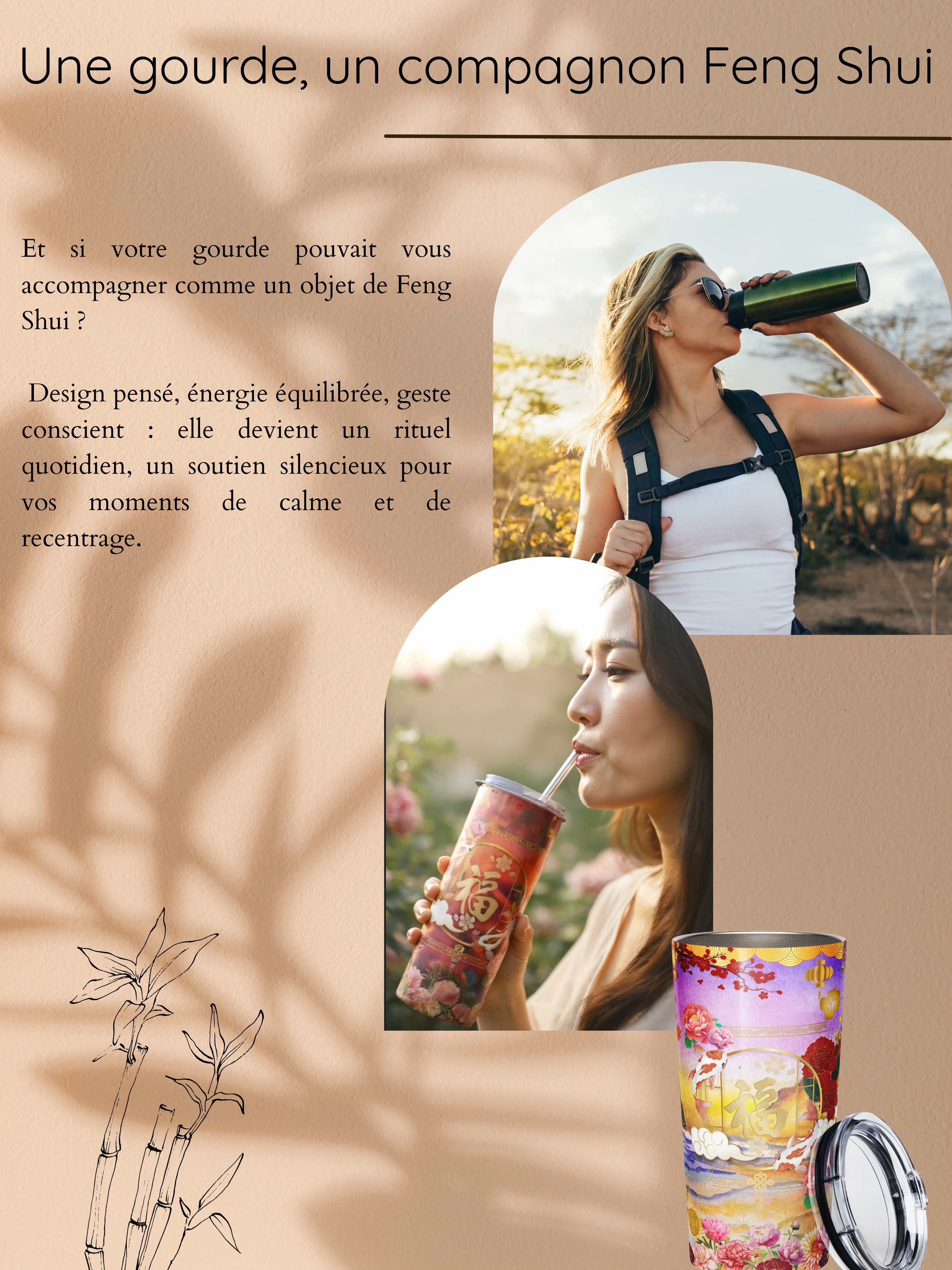 Deux femmes pratiquent le yoga en extérieur, portant des sacs à dos, avec un paysage naturel en arrière-plan, et un récipient en papier décoré posé à côté d'elles.