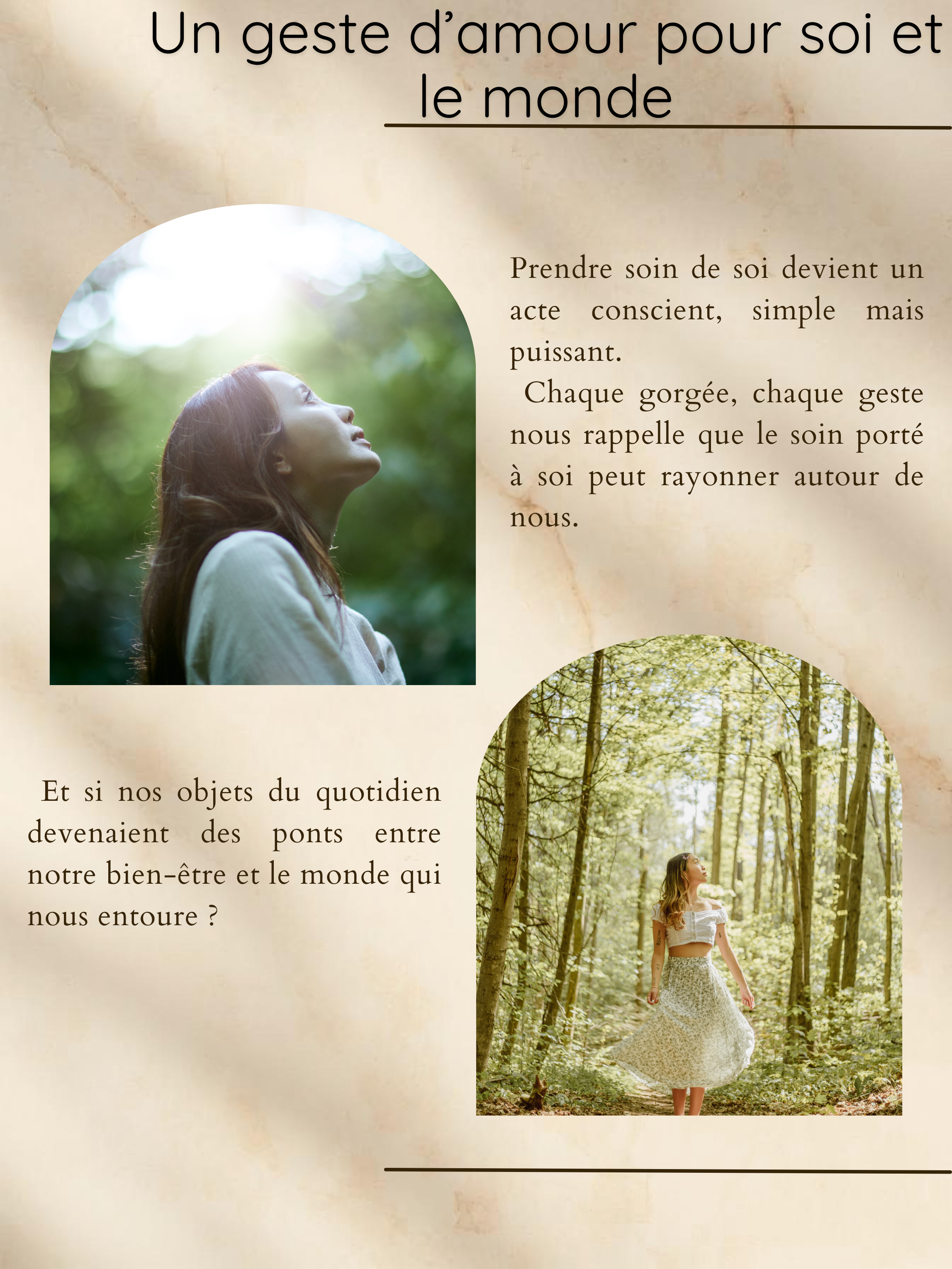 Une affiche avec des textes en français sur le soin de soi et le bien-être, accompagnée de deux photographies de femmes dans la nature : une femme regardant vers le haut avec la lumière du soleil à travers les arbres, et une autre femme marchant dans