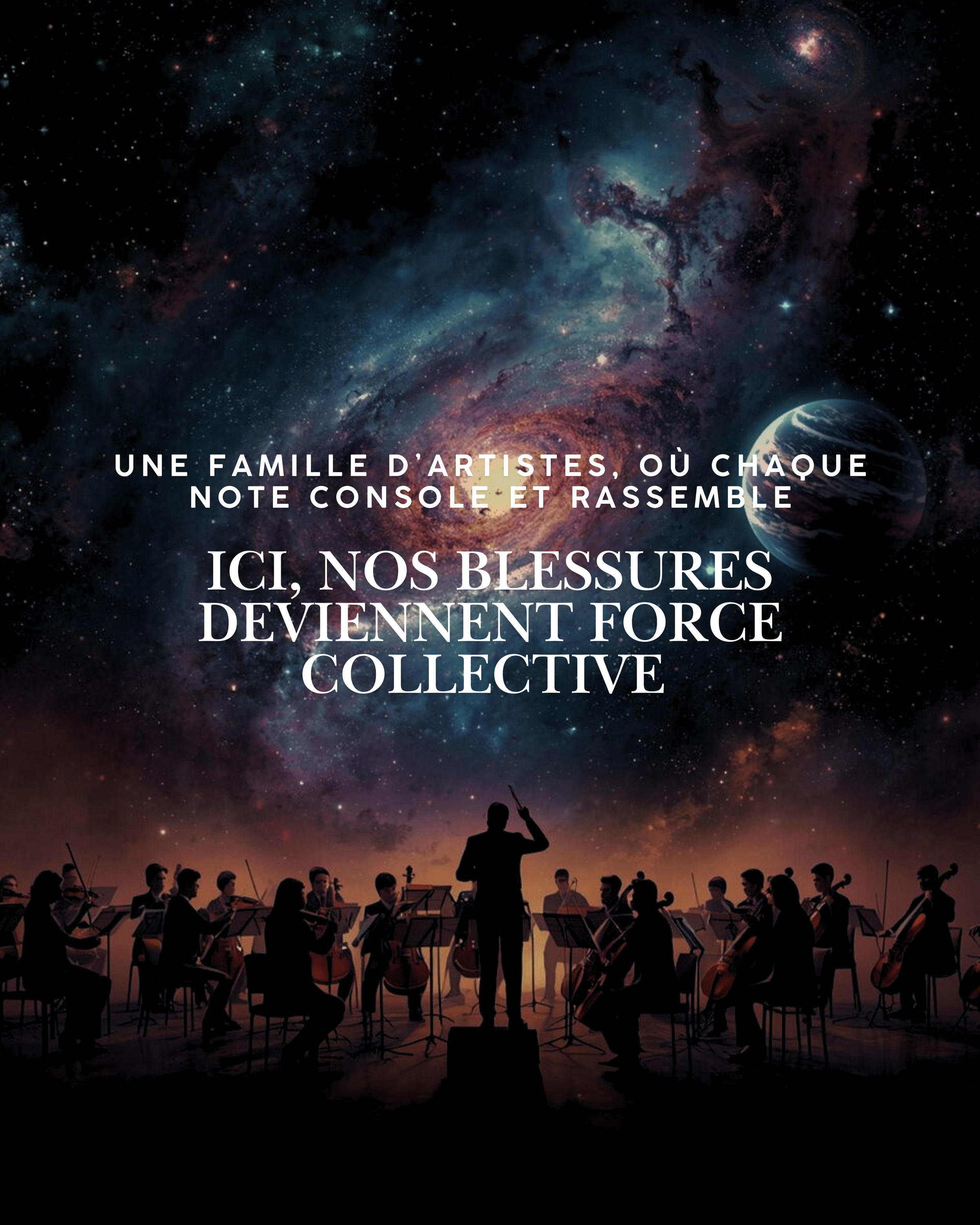 Un orchestre symphonique jouant sous un ciel étoilé avec une galaxie et une planète en arrière-plan, au coucher du soleil.