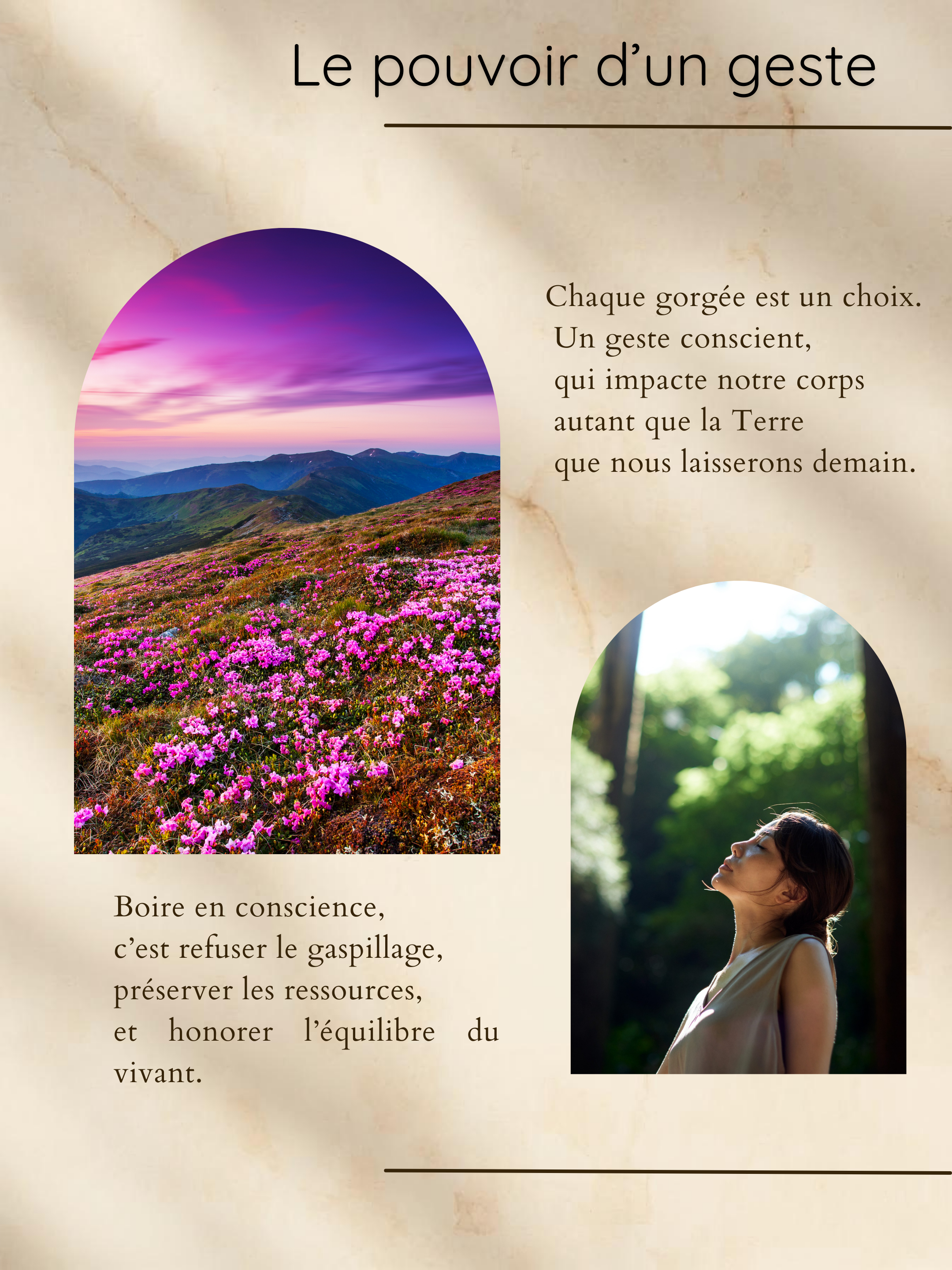 Texte en français sur le pouvoir d'un geste, illustré par des images de montagnes fleuries au coucher du soleil et d'une femme méditant dans la nature.