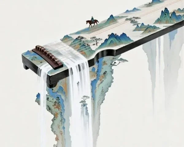 Une peinture représentant un paysage avec des montagnes, un cheval, des arbres, et une cascade qui coule du haut d'un piano.