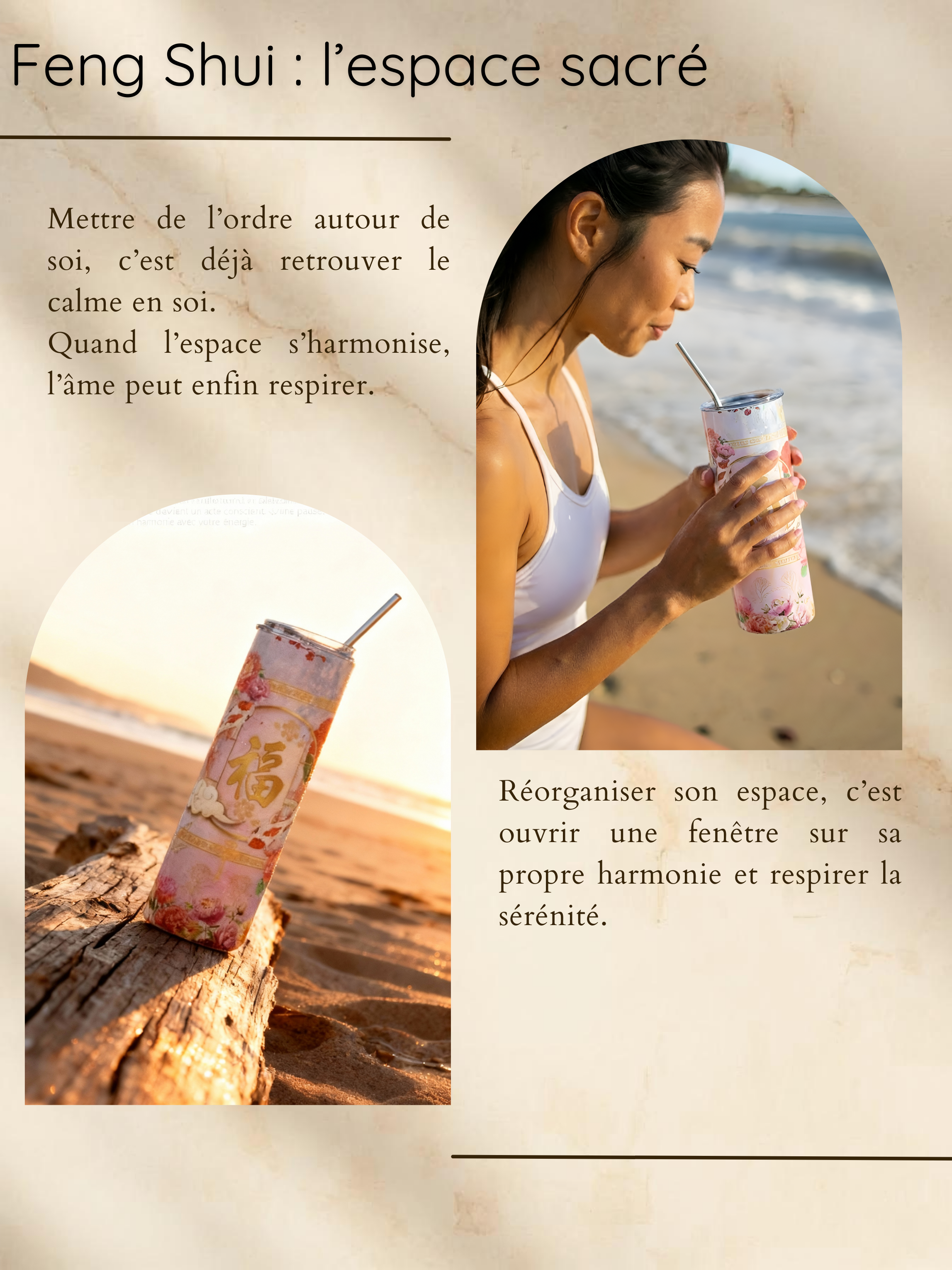 Une femme assise sur la plage tenant une tasse décorative de boisson, avec un texte en français sur la pratique du Feng Shui et la recherche de la sérénité.