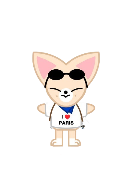 Illustration d'un chat anthropomorphe portant des lunettes de soleil, un t-shirt 'I ❤️ PARIS' et un sac. Il est devant une valise. Style dessin animé.