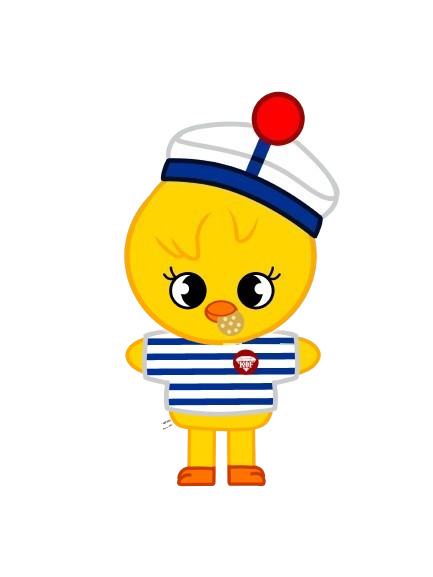 Un dessin d'une canette de soda anthropomorphique avec un visage de canard, portant un bonnet de marin blanc avec un pompon rouge, une chemise rayée bleu et blanc, et des bottes oranges.
