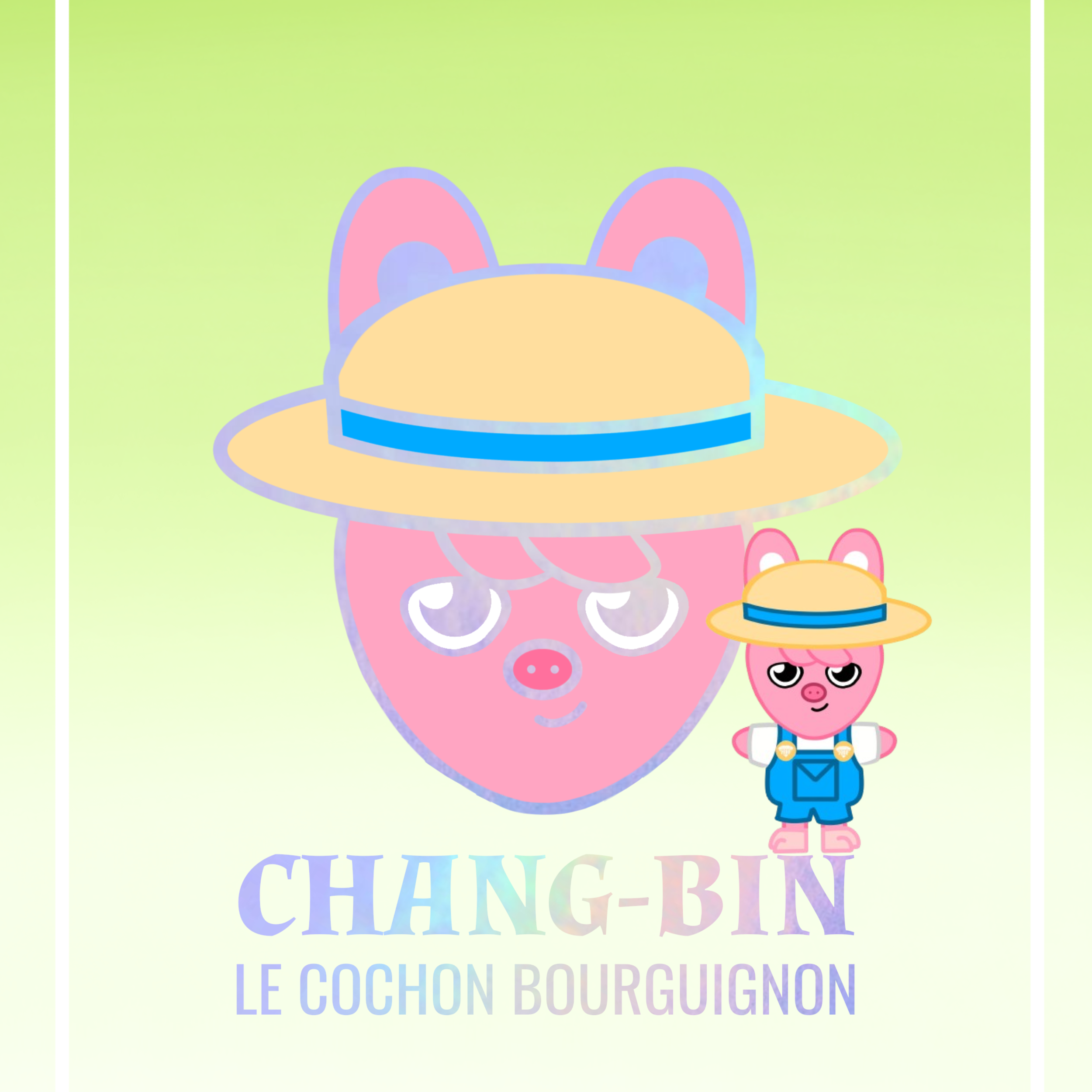 Une illustration stylisée d'un cochon avec un chapeau de paille, représentant un cochon d'ornement dans un style de dessin animé, avec du texte mentionnant un changement de menu ou de chef pour un restaurant.