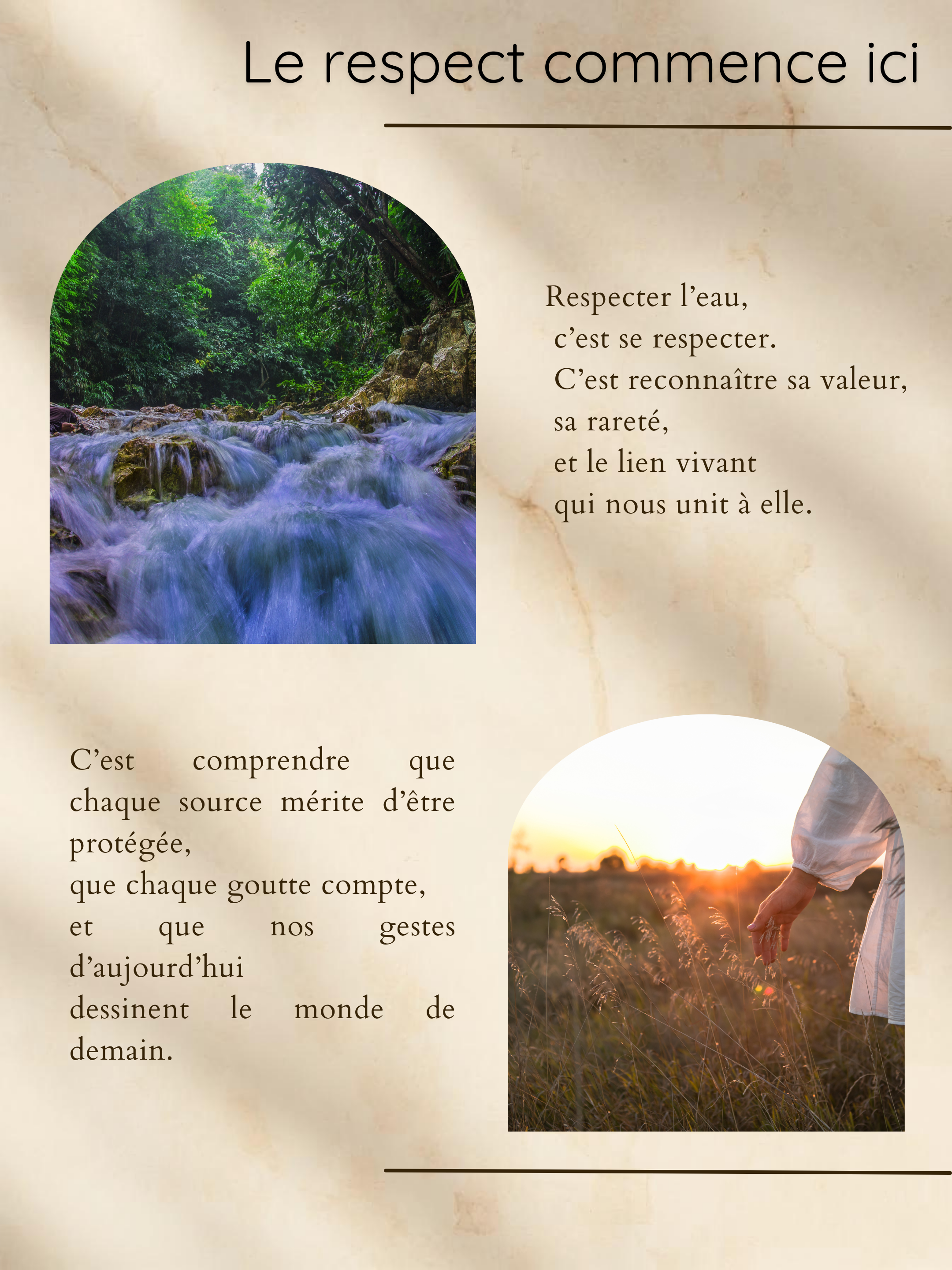 Une image d'une rivière entourée de forêt verte dense, avec une jeune femme se tenant dans un champ, regardant un coucher de soleil, accompagnée d'un texte en français sur le respect de l'eau et la préservation des sources naturelles.