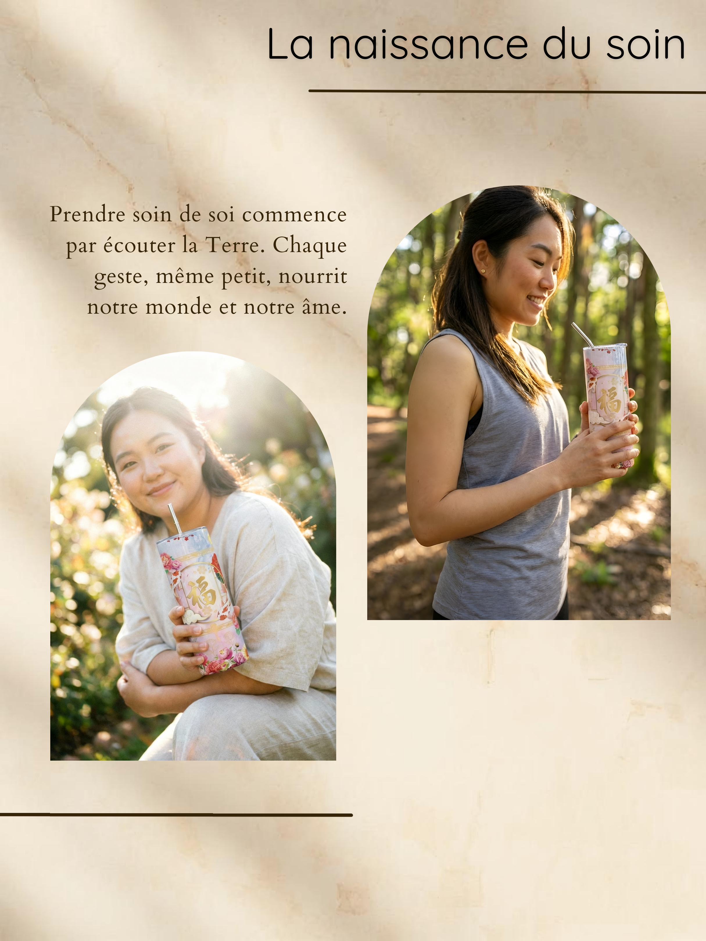 Deux femmes asiatiques pauvres dans un parc tiennent un grand gobelet décoré avec des caractères chinois, souriant au soleil, entourées d'arbres en arrière-plan.