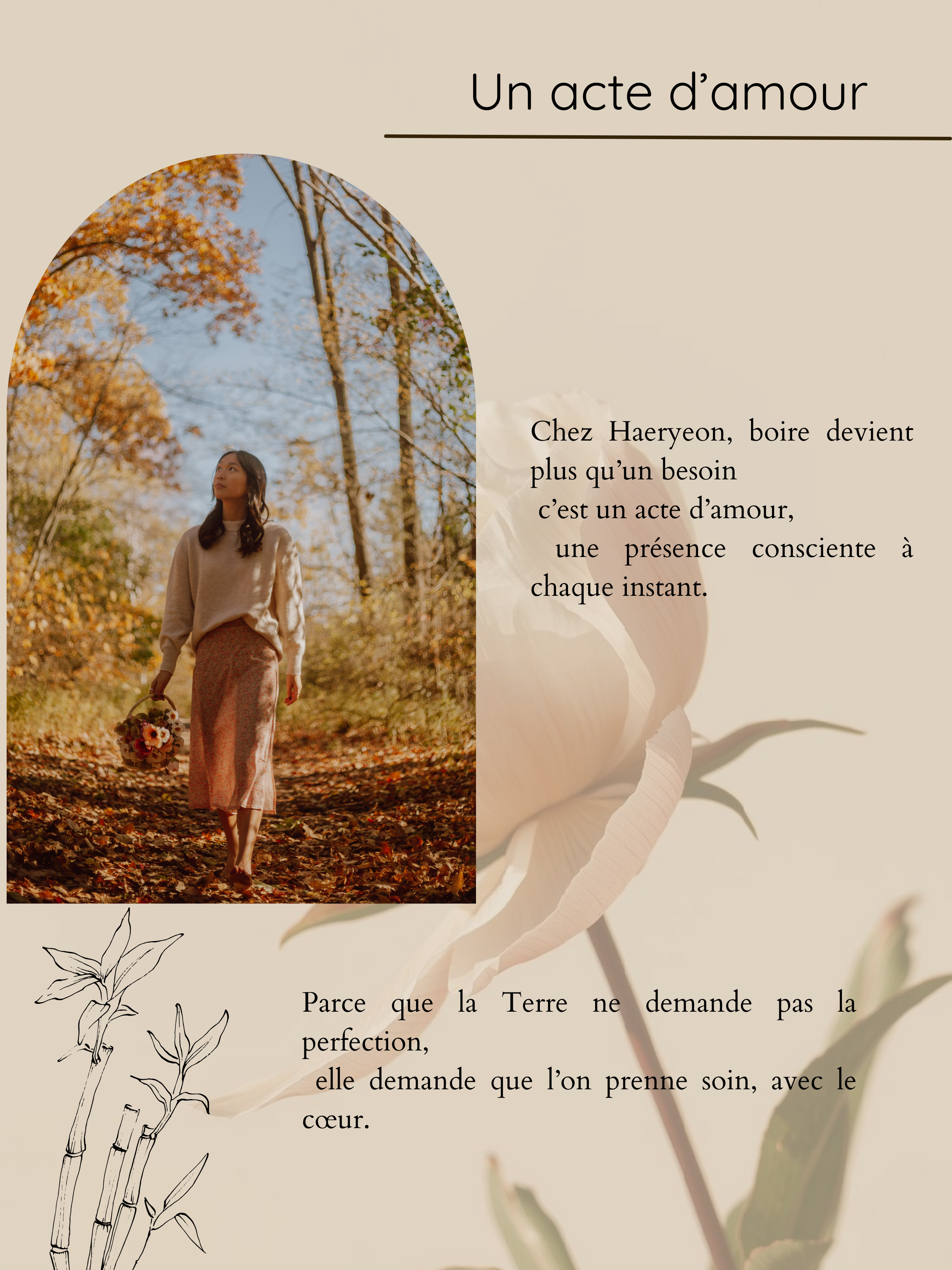 Une jeune femme marche dans une forêt automnale, portant un bouquet de fleurs, entourée de feuilles orange, avec un texte poétique sur l'amour et la nature.