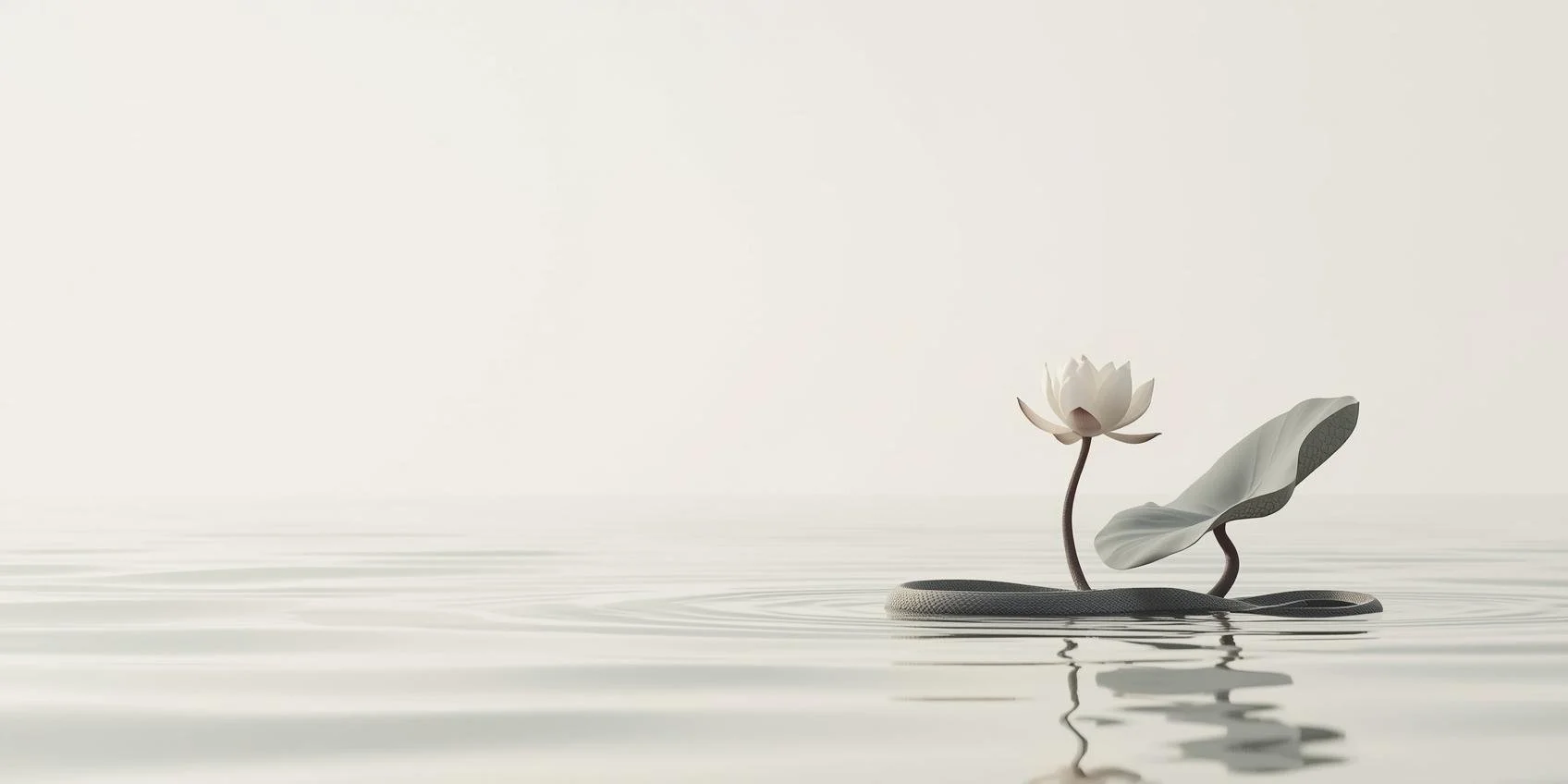Une illustration minimaliste d'une fleur de lotus en train de pousser dans l'eau à côté d'une feuille flottante, toutes deux en blanc et gris, avec un fond neutre et calme.