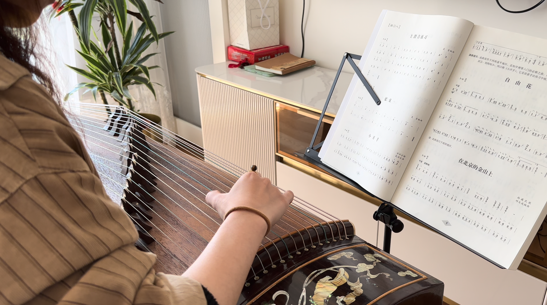 Une personne jouant du guzheng, un instrument traditionnel chinois, devant une partition musicale. Un livre posé sur un support de partition, une plante verte et un meuble blanc avec un tiroir visible dans la pièce.