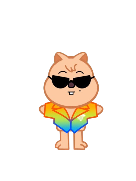 Un personnage de dessin animé de chat avec des lunettes de soleil, portant un t-shirt rayé coloré.