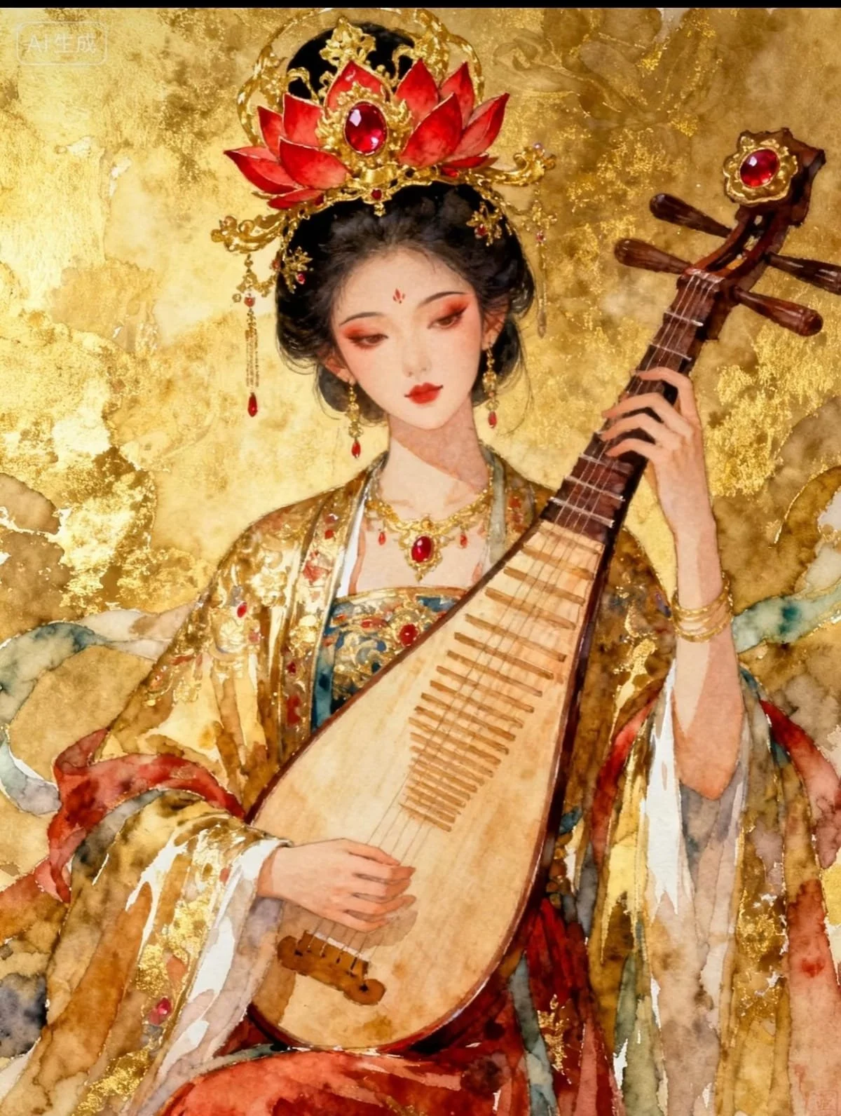 Une peinture artistique d'une femme asiatique vêtue de robes traditionnelles dorées, jouant de la pipa, un instrument de musique chinois, avec un fond orné et riche en détails.