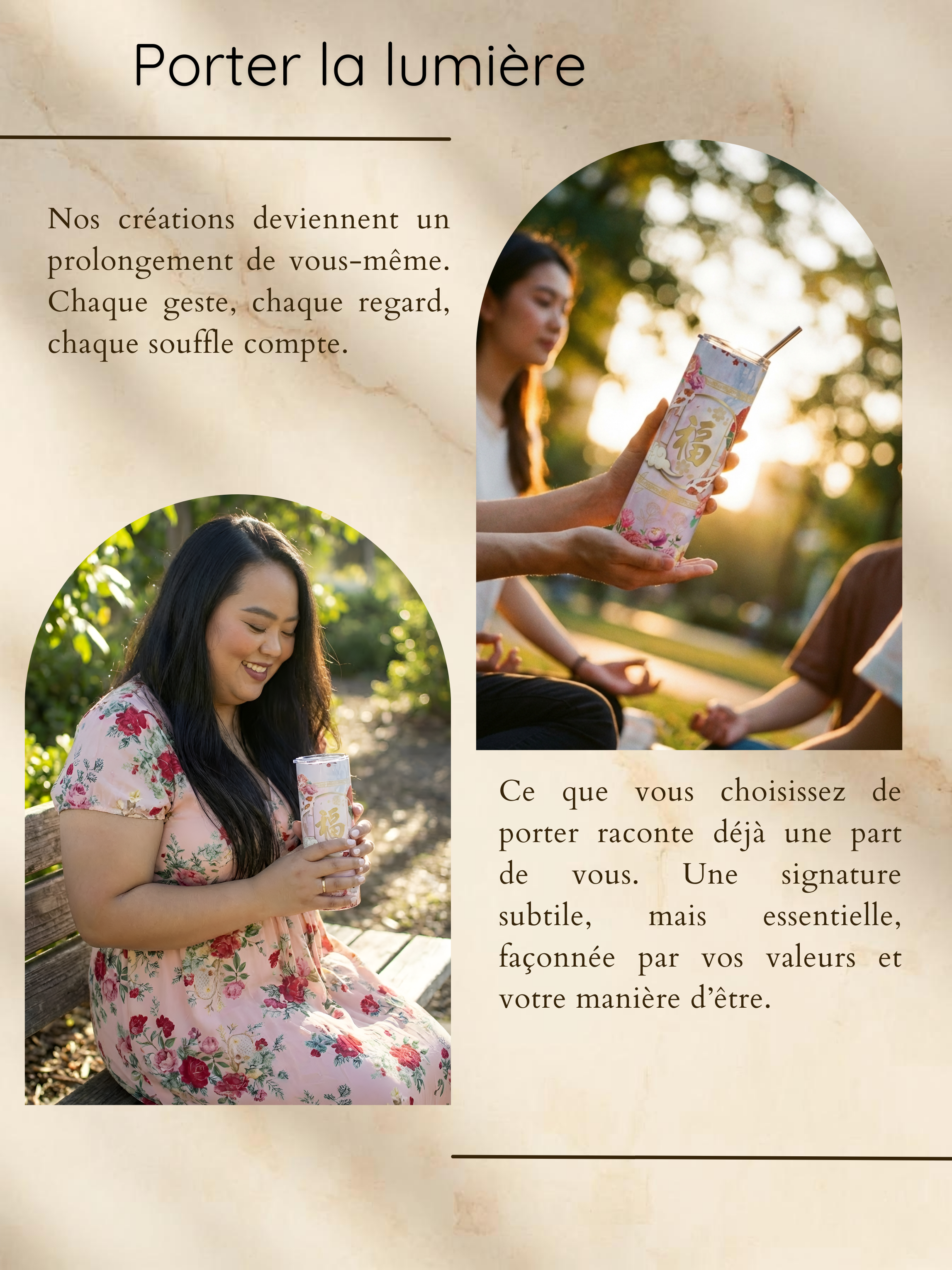 Une femme souriante en robe floral, assise sur un banc en bois dans un parc, tenant une boisson avec un design japonais.