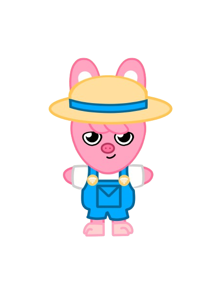 Une illustration de cochon rose portant un chapeau de paille et un pantalon de travail bleu, avec des grandes oreilles et un visage souriant.