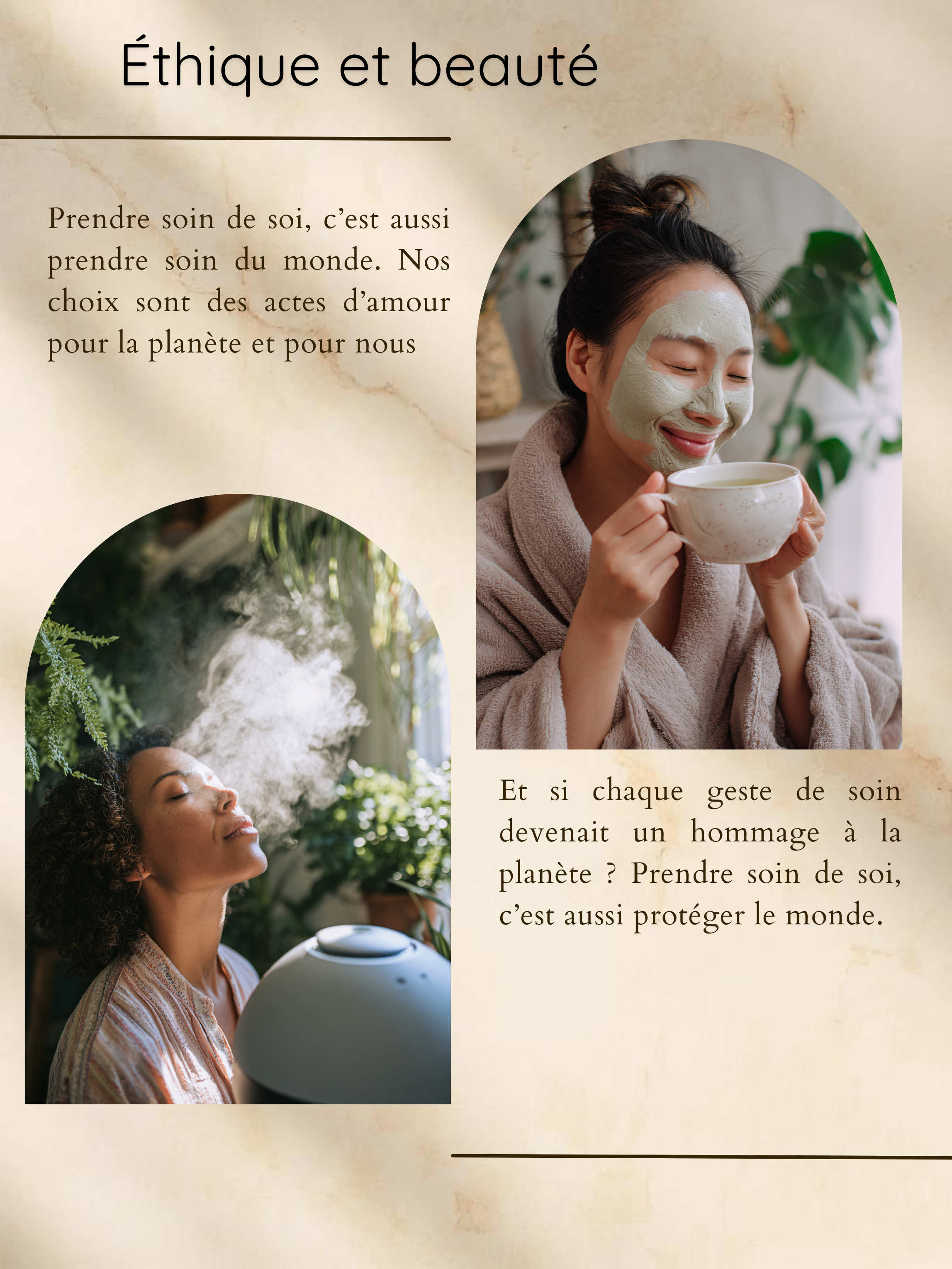 Page de brochure ou article avec le titre 'Éthique et beauté', contenant deux images d'une femme méditant ou prenant soin d'elle-même en extérieur, et un texte sur l'importance de prendre soin de soi et de la planète.