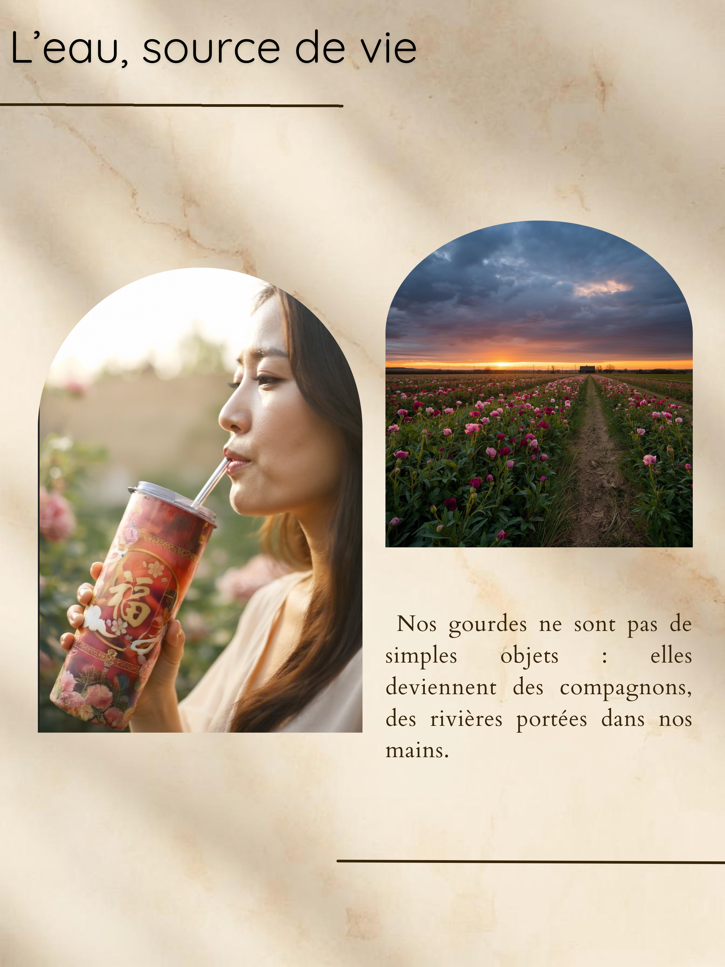 Une femme qui boit une boisson dans un gobelet décoré, avec un champ de fleurs et un coucher de soleil en arrière-plan.