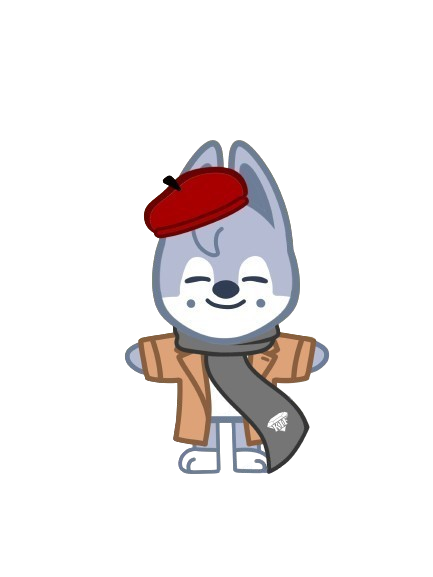 Un personnage de dessin animé de chien husky avec un béret rouge, une veste en cuir, et une écharpe grise, souriant.