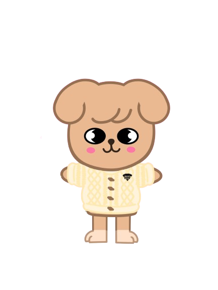 Un personnage de dessin animé de chien avec de grands yeux, portant un pull beige avec un motif en zigzag.