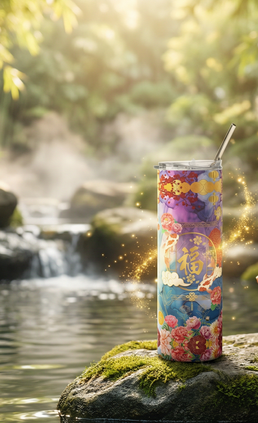 Une canette de boisson colorée avec des illustrations florales et des motifs asiatiques, placée sur une pierre près d'une cascade dans un environnement naturel