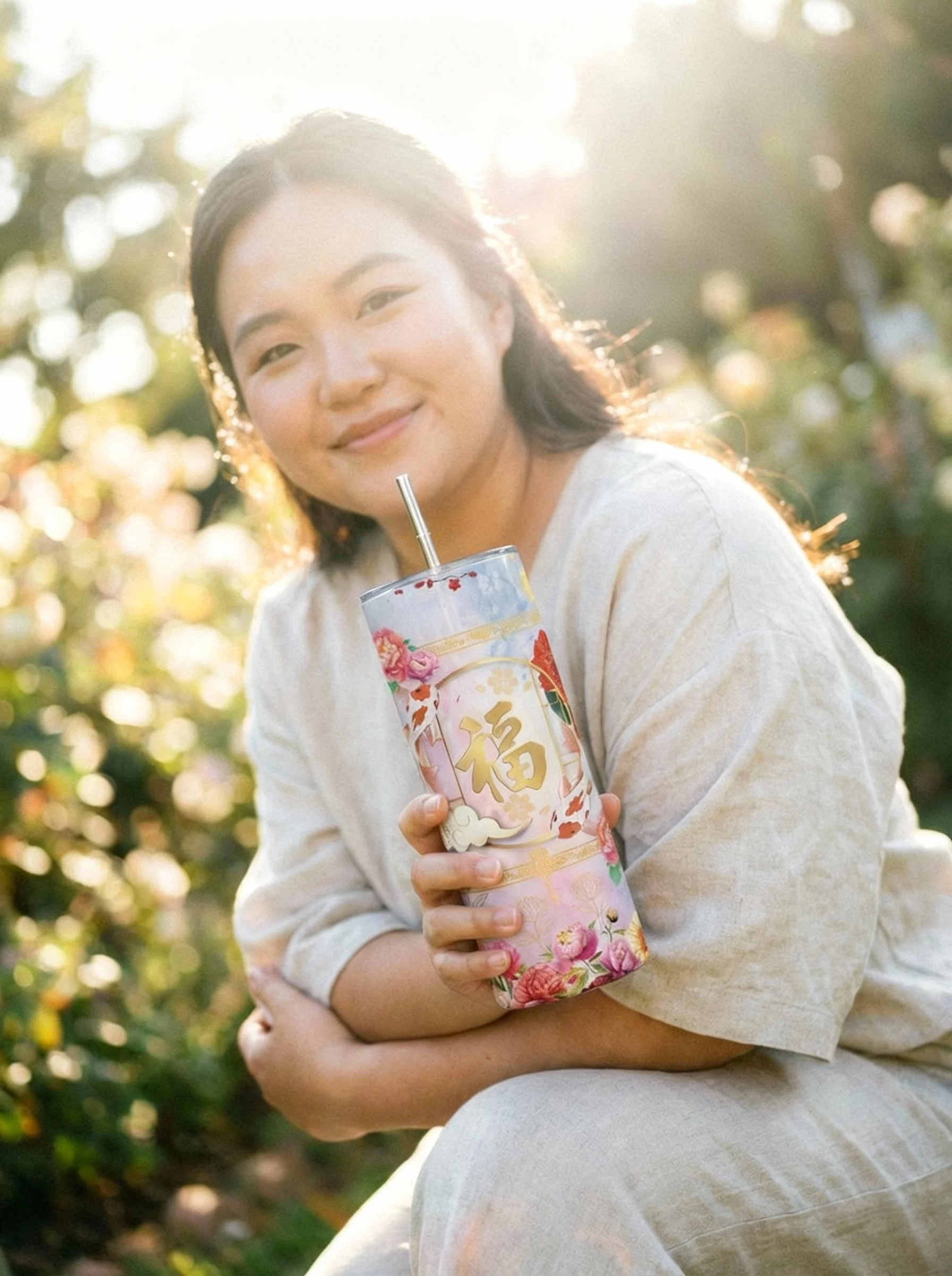 Jeune femme souriante tenant une boisson dans un écrin floral, en extérieur avec la lumière du soleil en arrière-plan.