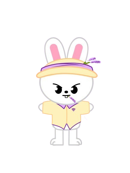 Personnage de dessin animé en forme de lapin blanc avec de grandes oreilles, portant une casquette avec des oreilles de lapin roses, une chemise beige, et faisant un geste de défi ou de colère.