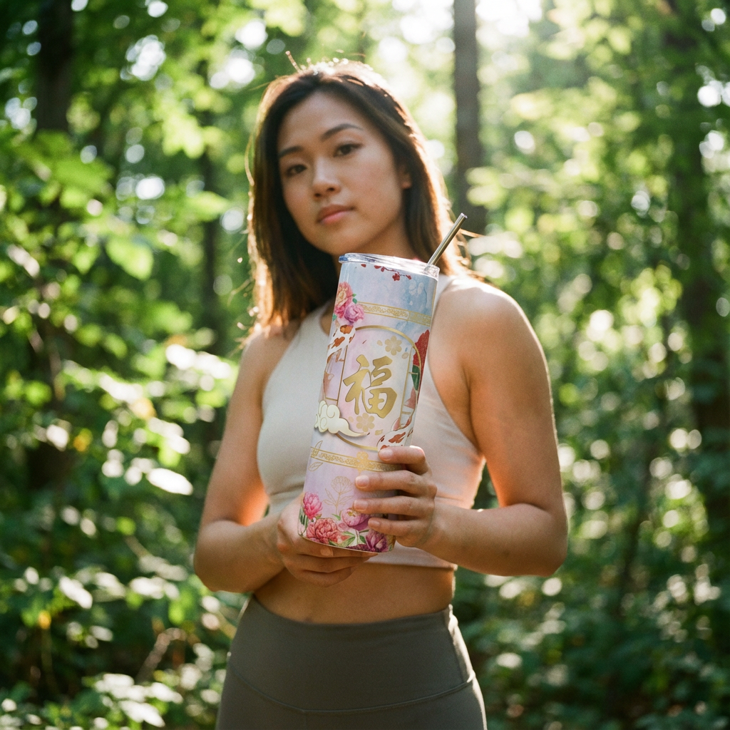 Femme dans la forêt tenant une grande canette décorée avec un motif floral et un caractère chinois, souriant légèrement.