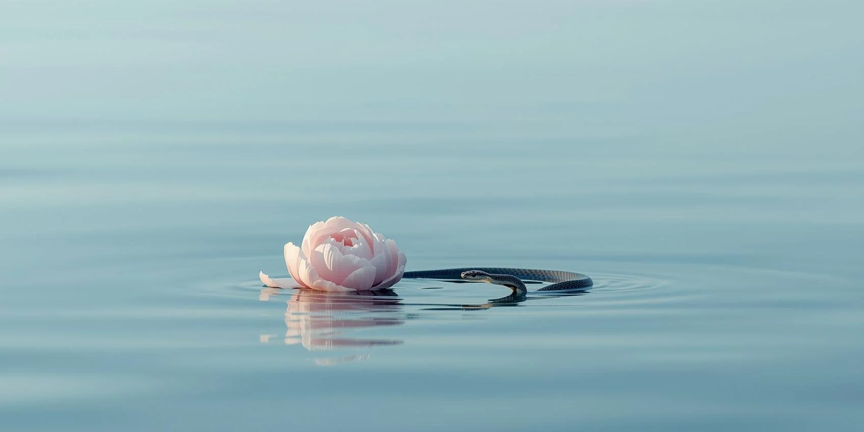 Une fleur de lotus rose flottant sur l'eau calme, à côté d'un serpent dans un environnement serein et paisible.