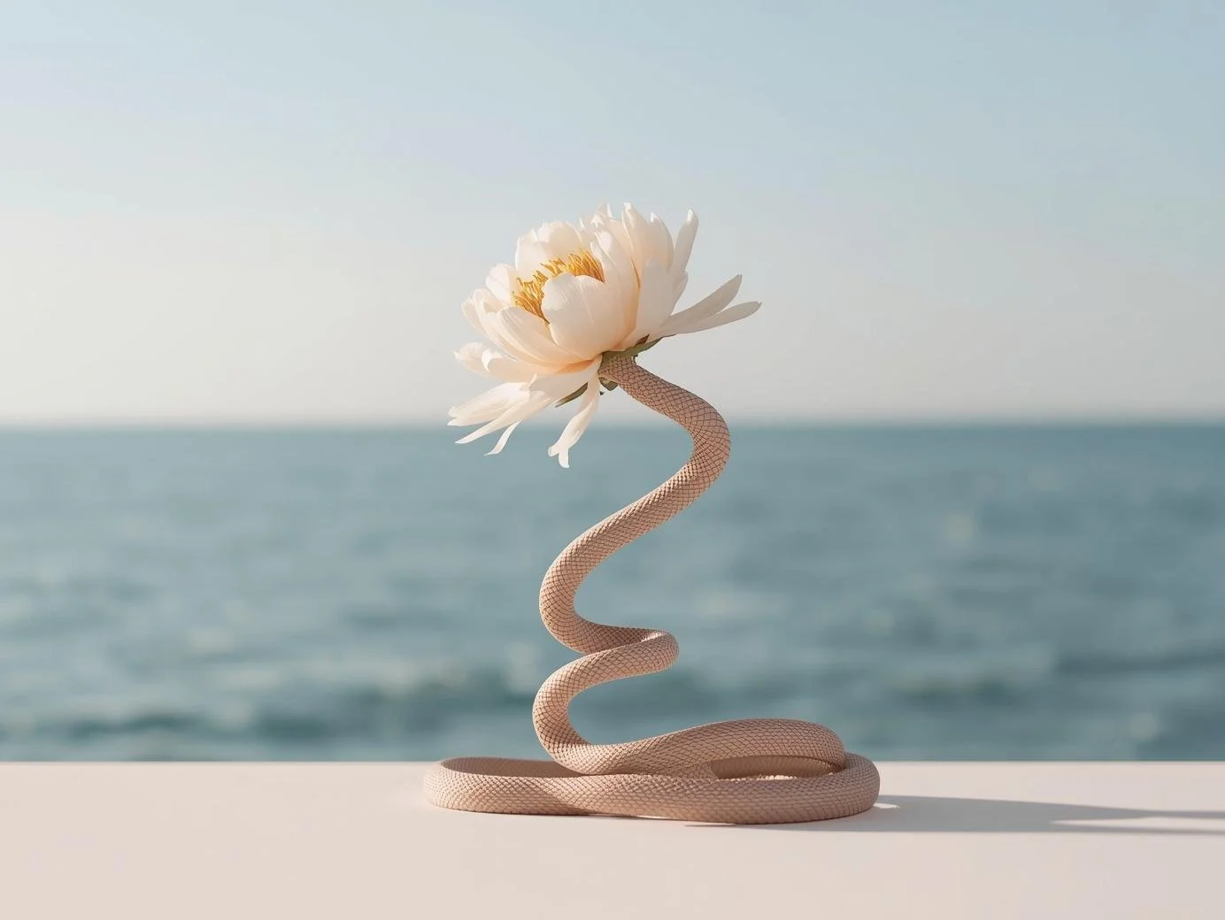 Un serpent rose en forme de S avec une tête de fleur blanche flottant dans le ciel près de la mer.