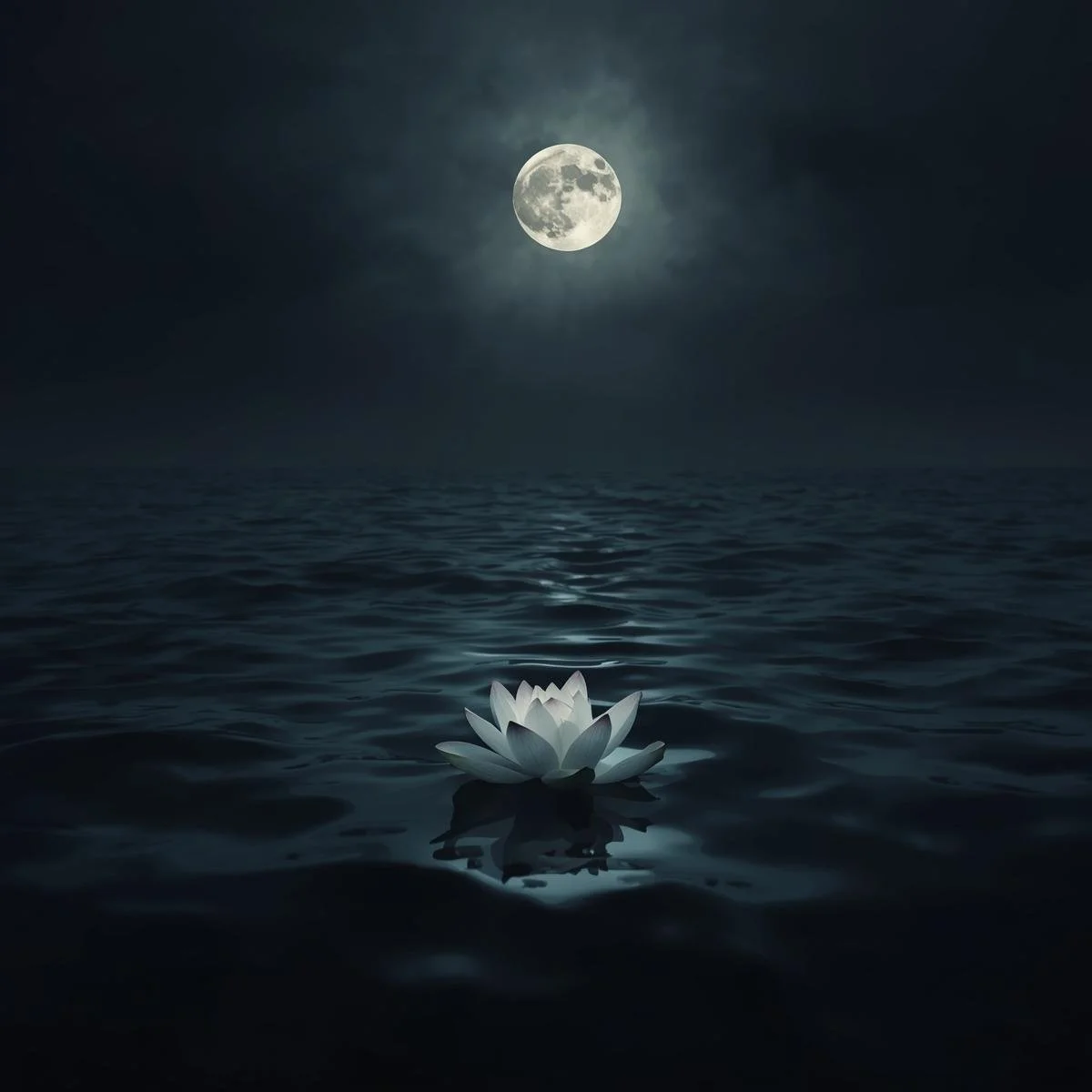 Une fleur de lotus blanche flottant sur l'eau sous un ciel nocturne avec une pleine lune brillante.
