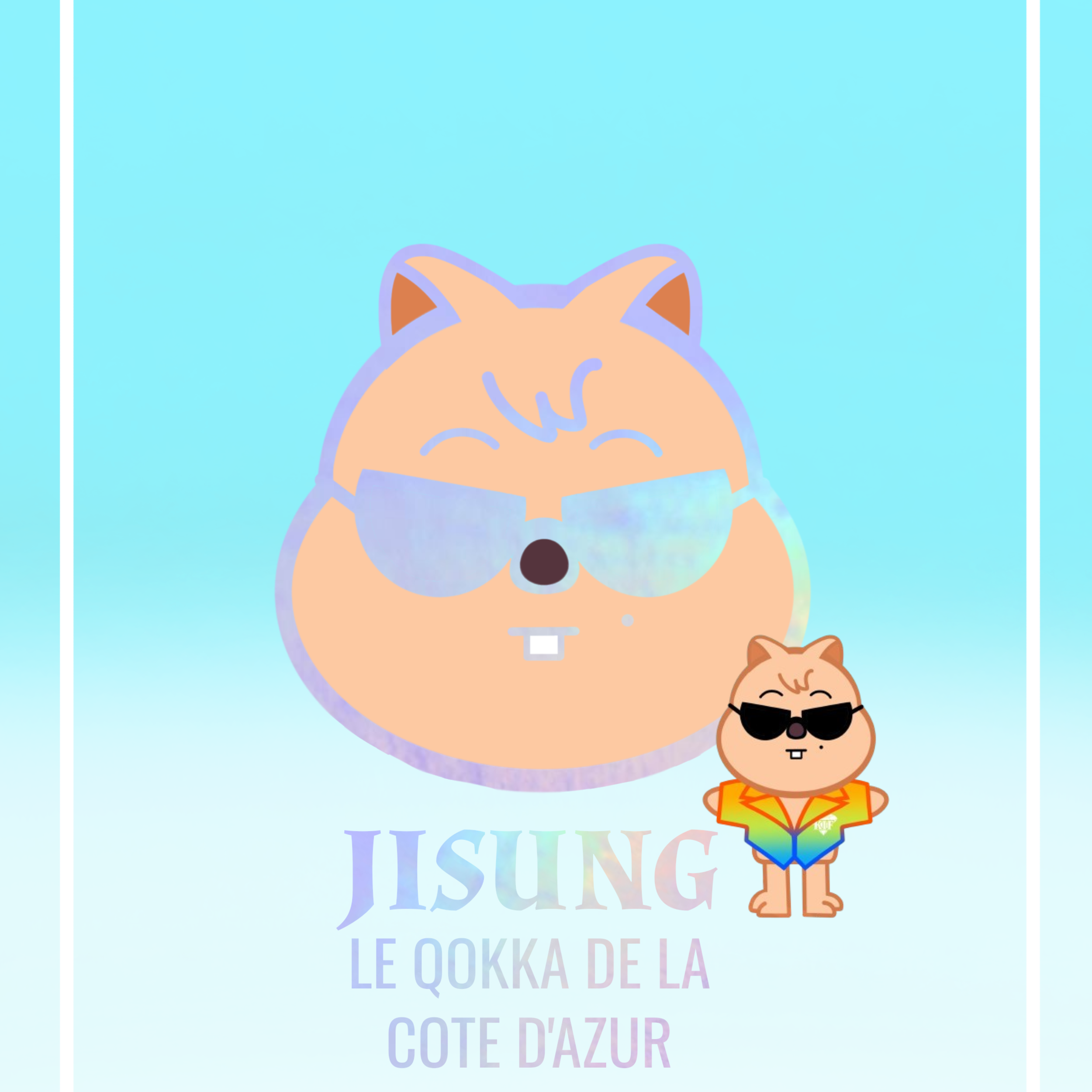 Illustration colorée d'un chat portant des lunettes de soleil et un t-shirt avec un motif multicolore, et un chien dans des lunettes solaires devant écrit "Le Qokka de la Côte d'Azur"