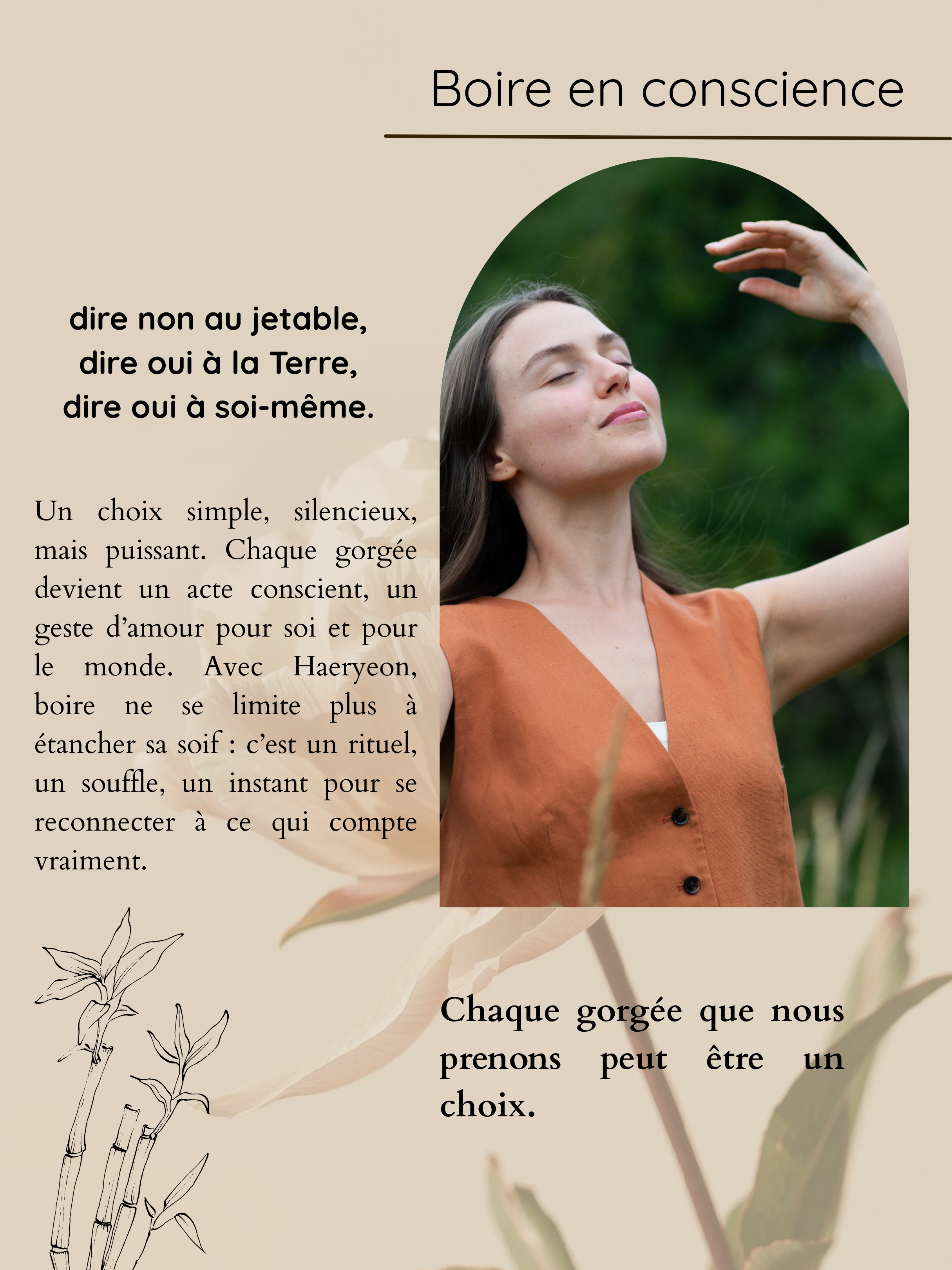 Une jeune femme ferme les yeux, en train de méditer ou de pratiquer le yoga en plein air, avec un arrière-plan de nature verdoyante. Il s'agit d'une image inspirante pour promouvoir la conscience de soi et le bien-être.