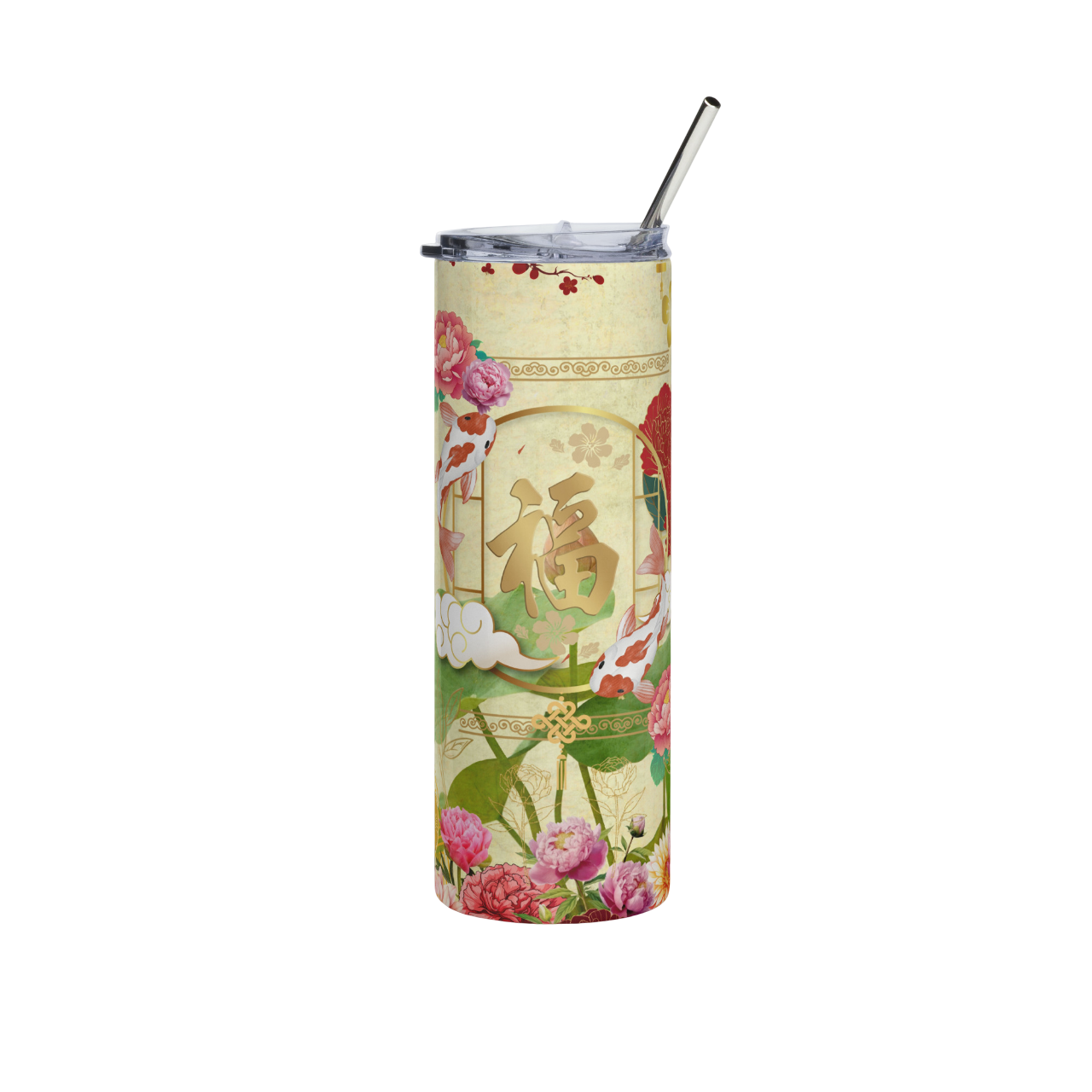 Une boîte de thé en forme de cylindre avec un motif floral japonais, comprenant des carpes koi et le caractère chinois '福' (bonheur).