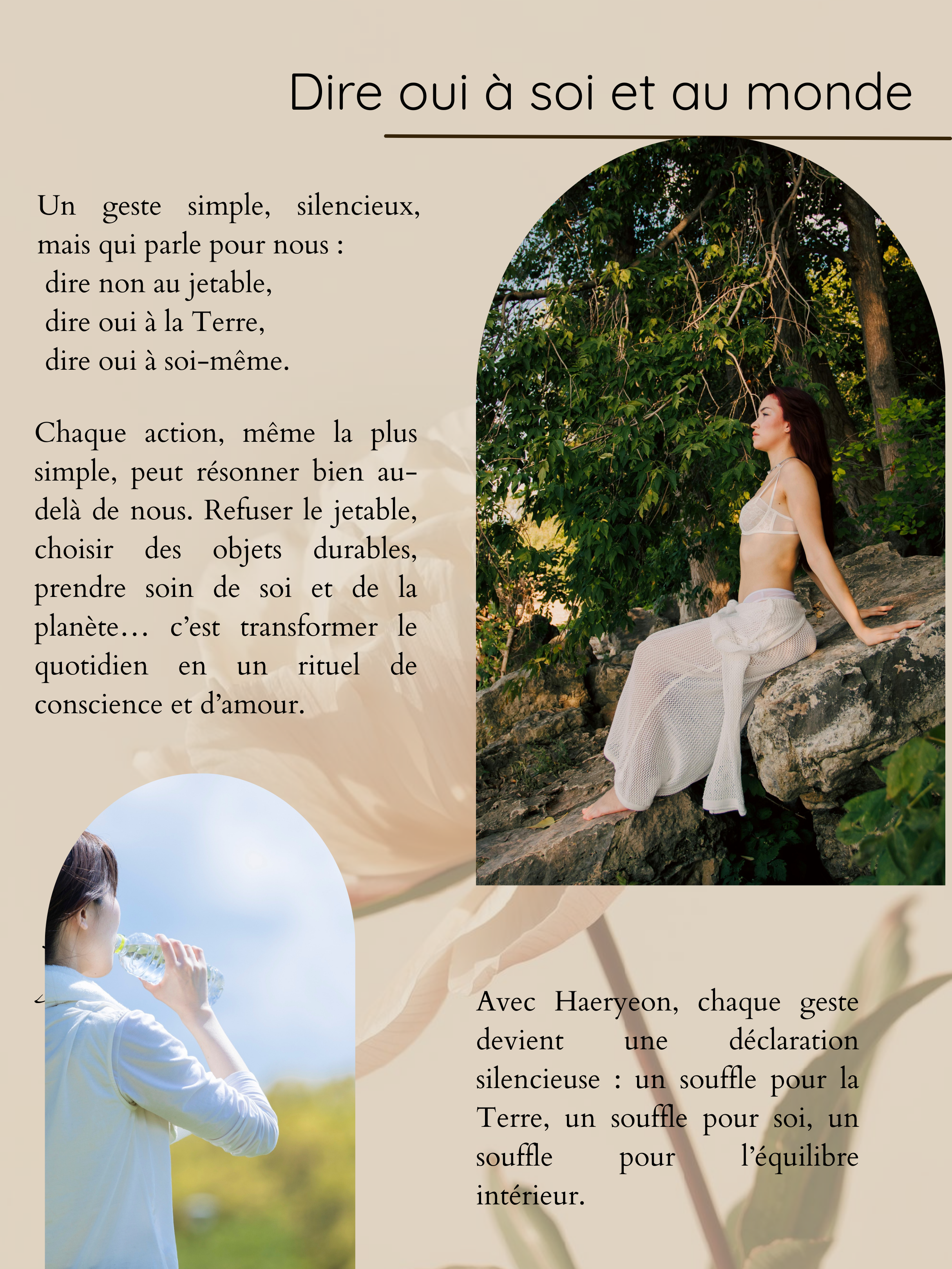 Une femme méditant en plein air sous un arbre, avec du texte en français sur le sujet de l'affirmation de soi par des gestes silencieux
