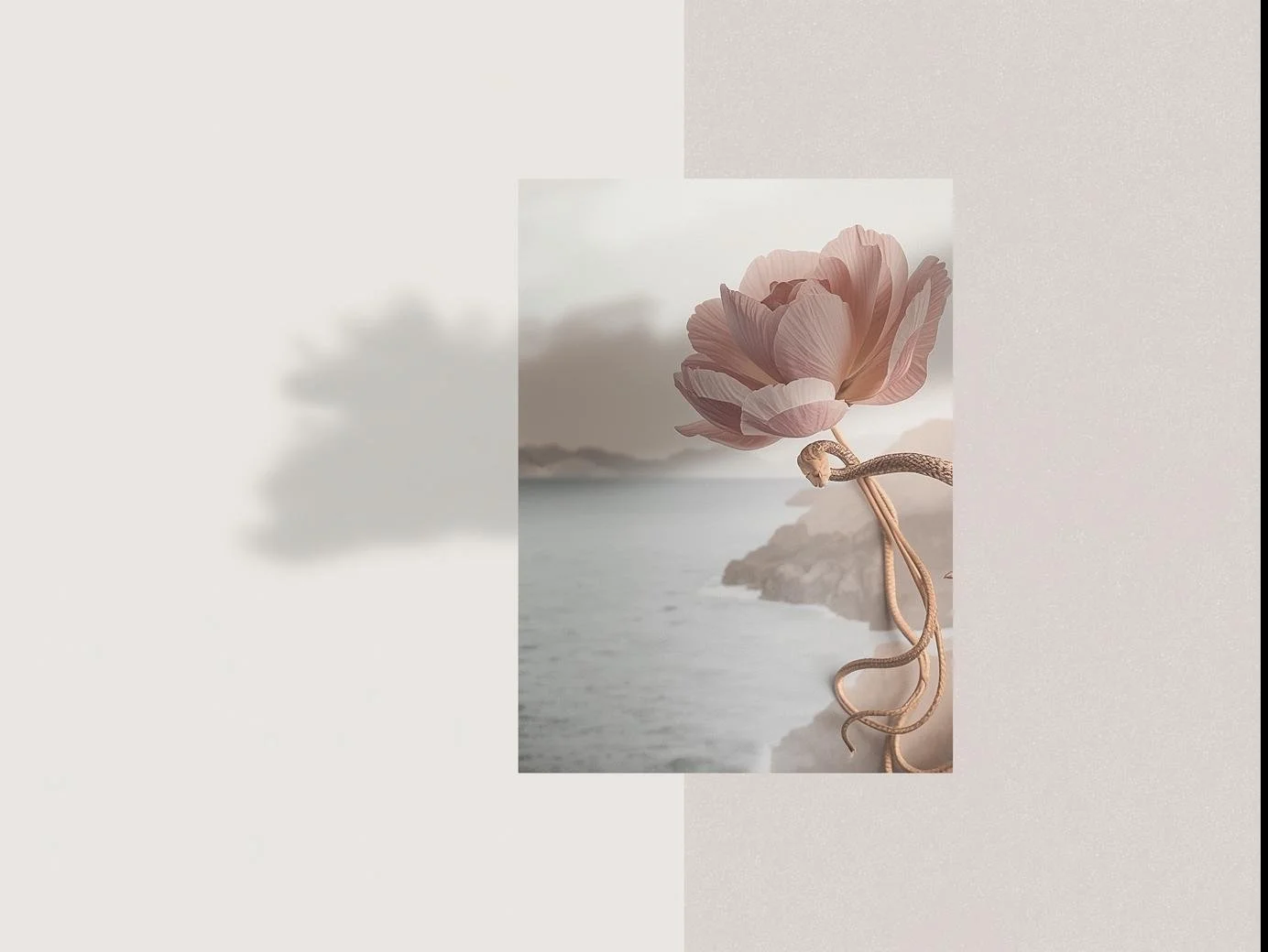Une illustration d'une fleur de lotus rose fixée à un fond de paysage maritime en niveaux de gris.