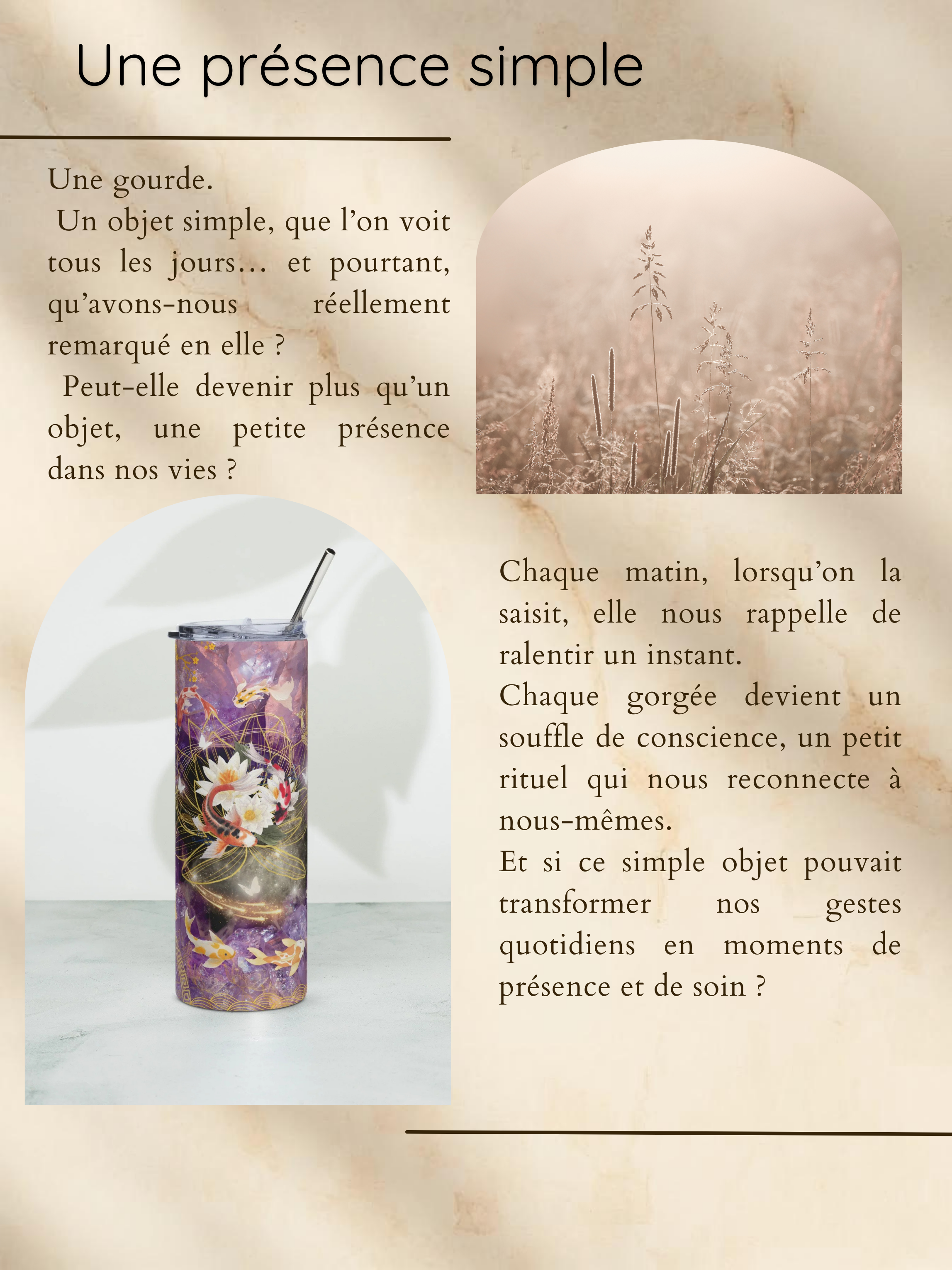 Page de texte en français avec une image d'un objet en forme de cylindre décoré de poissons et de fleurs. Titre : 'Une présence simple'.