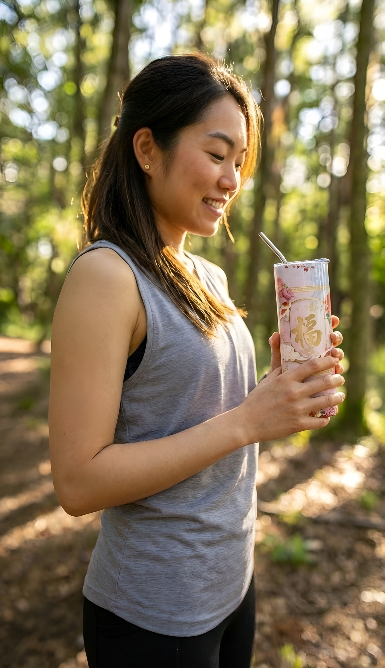Une femme souriante tient un verre avec une paille dans une forêt pendant la journée.
