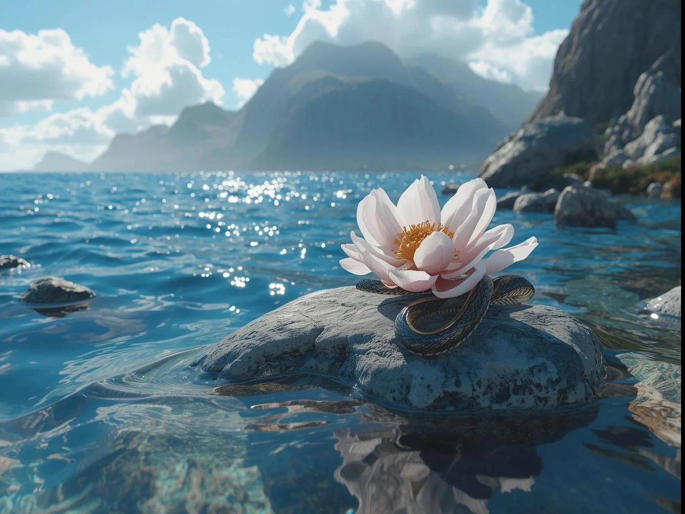 Une fleur de lotus blanche repose sur une pierre dans une mer calme avec des montagnes en arrière-plan, sous un ciel partiellement nuageux et ensoleillé.