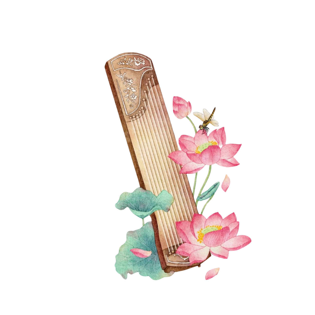 Une photo d'un yungling japonais avec des fleurs de lotus, une libellule et une abeille autour.