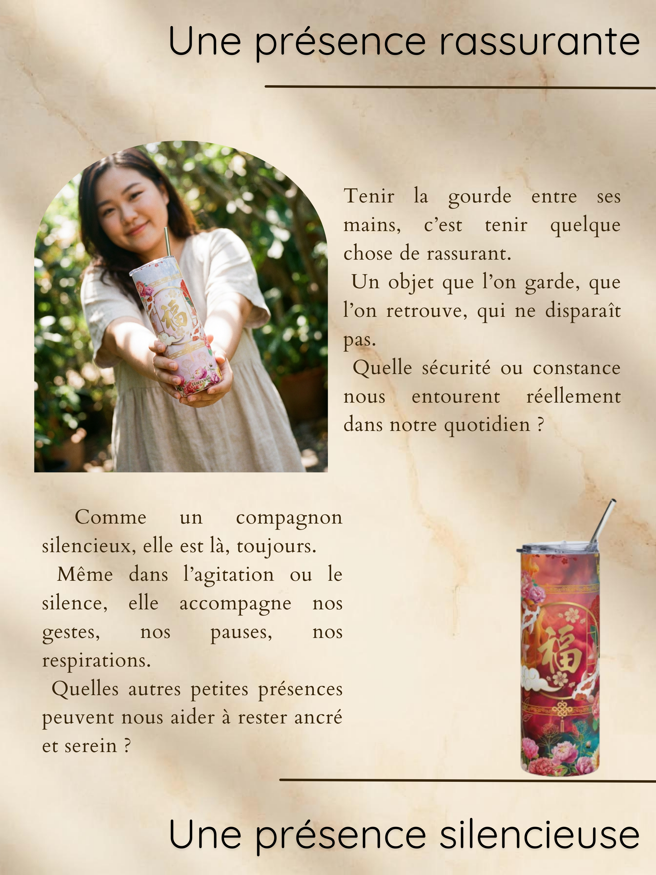 Une femme souriante tient une canette décorée de motifs floraux et d'un symbole chinois, dans un environnement en plein air avec des arbres en arrière-plan.