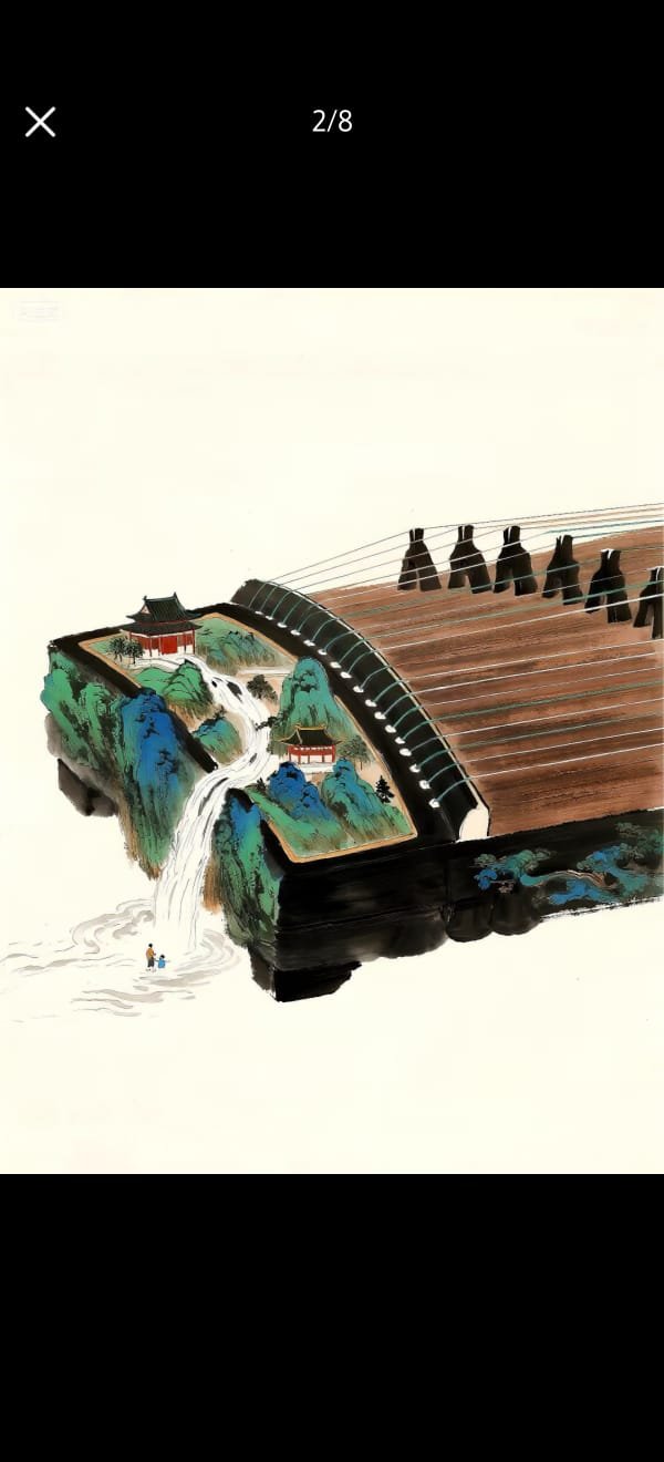 Une peinture traditionnelle représentant un pont en bois avec des pagodes et des montagnes avec une cascade en dessous.