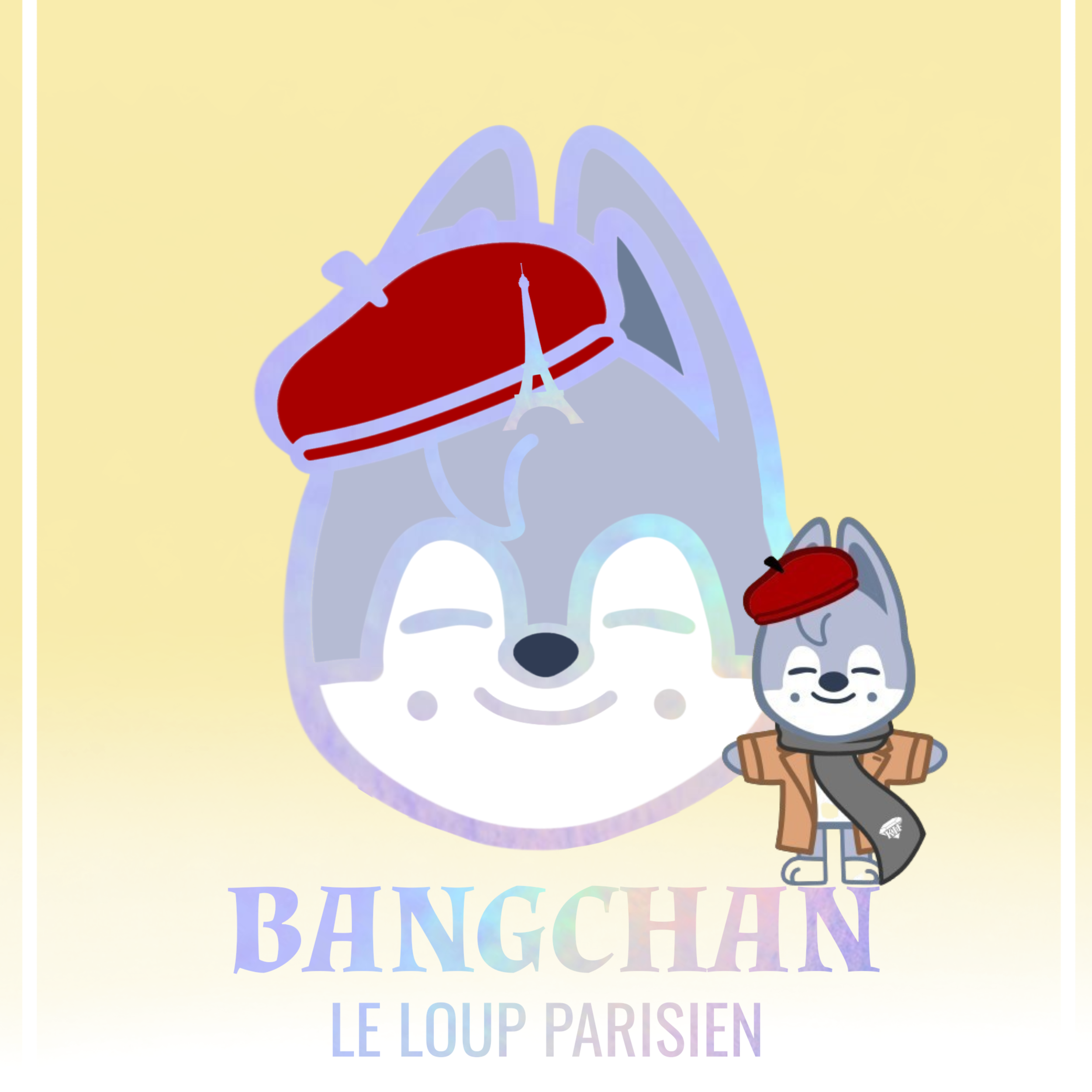 Une illustration d'un mascotte de loup avec un béret rouge, une veste marron, une écharpe, et un fond pastel avec le texte 'Bangchan, le loup parisien'.