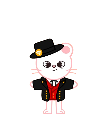 Une illustration d'une souris blanche mignonne portant une veste noire avec des boutons dorés, une chemise rouge et un nœud papillon noir. Elle porte également un chapeau noir avec un badge orange.